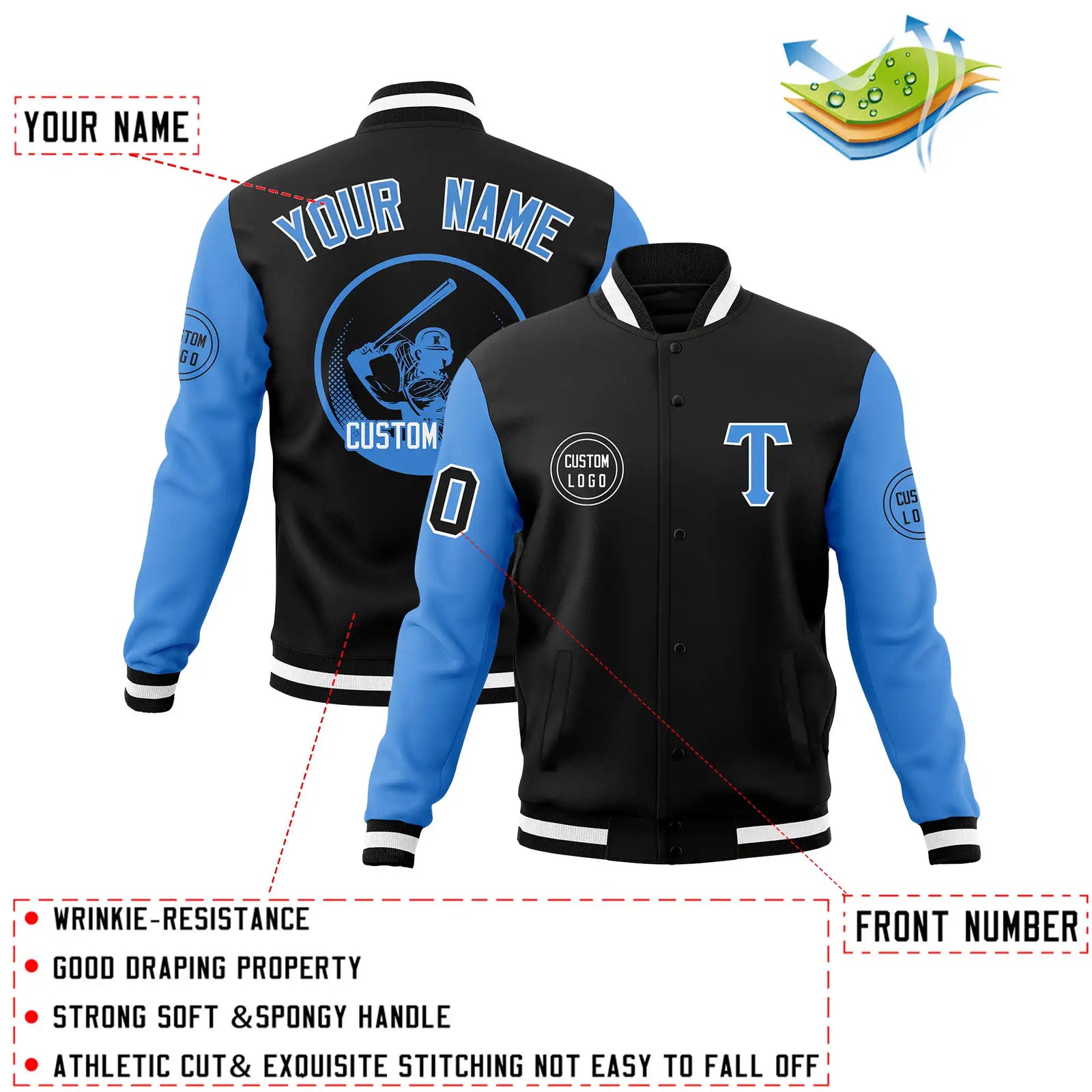Custom Black Powder Blue Bomber Full-Snap Varsity Letterman Two Tone Jacket