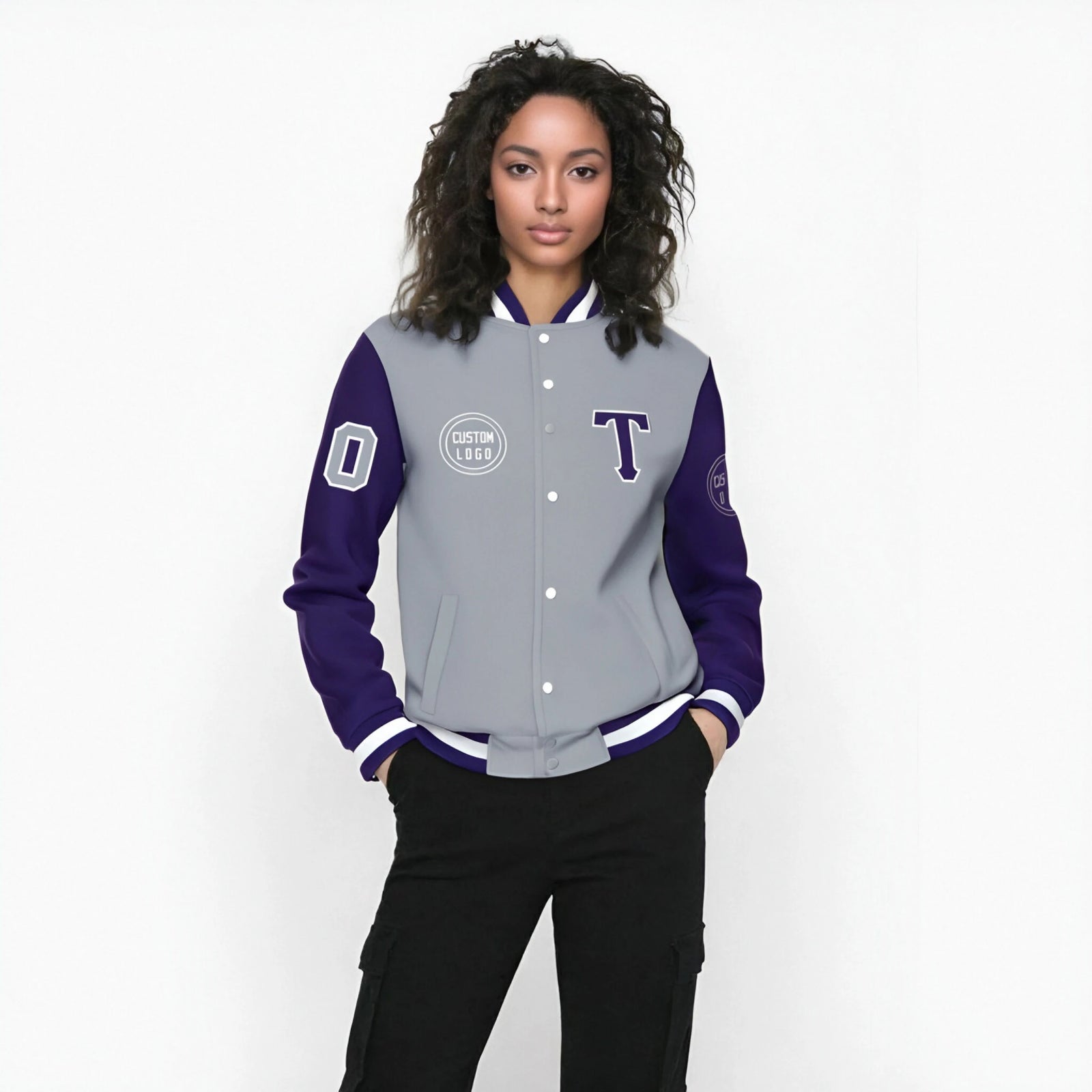 Custom Gray Purple Bomber Full-Snap Varsity Letterman Two Tone Jacket