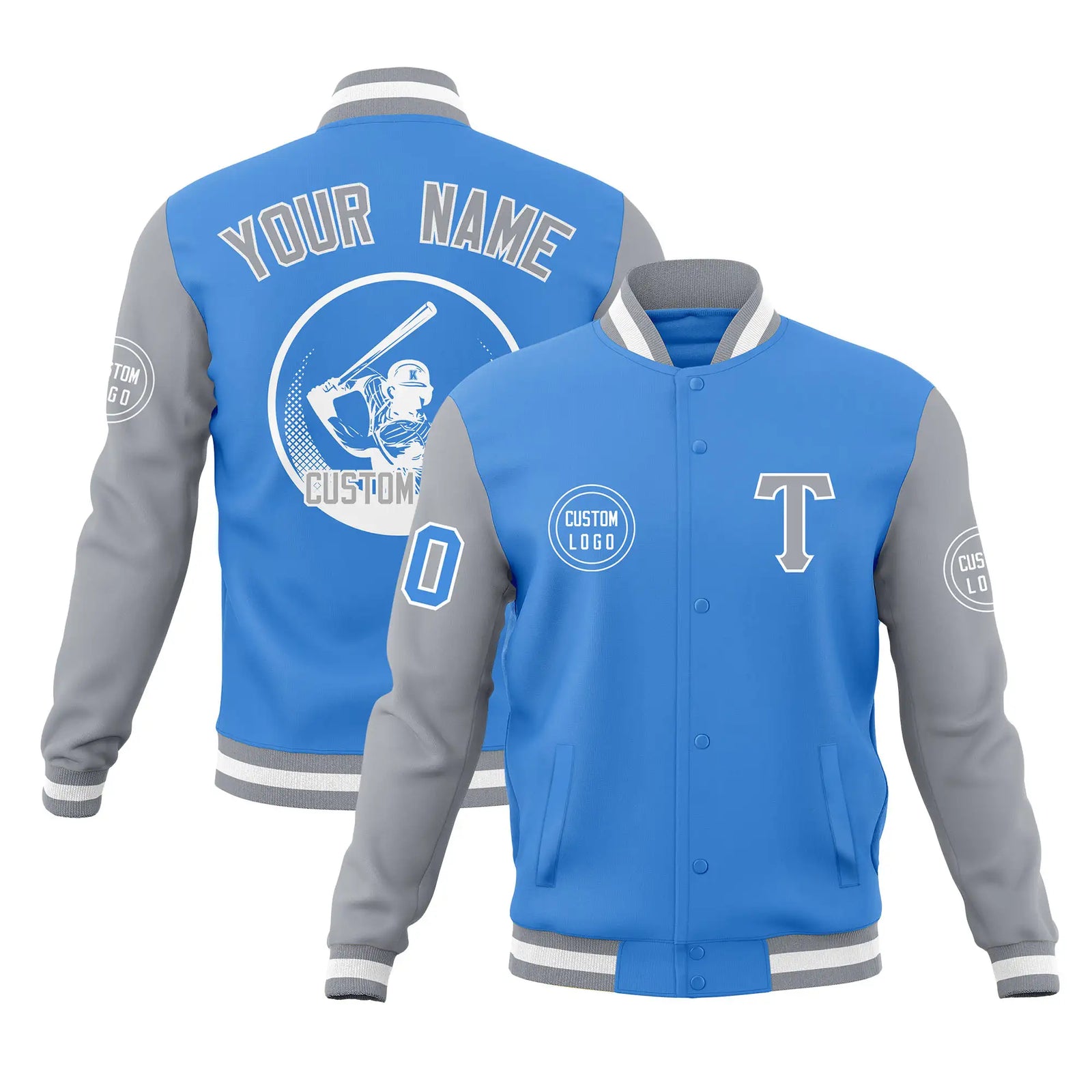 Custom Light Blue Gray Bomber Full-Snap Varsity Letterman Two Tone Jacket