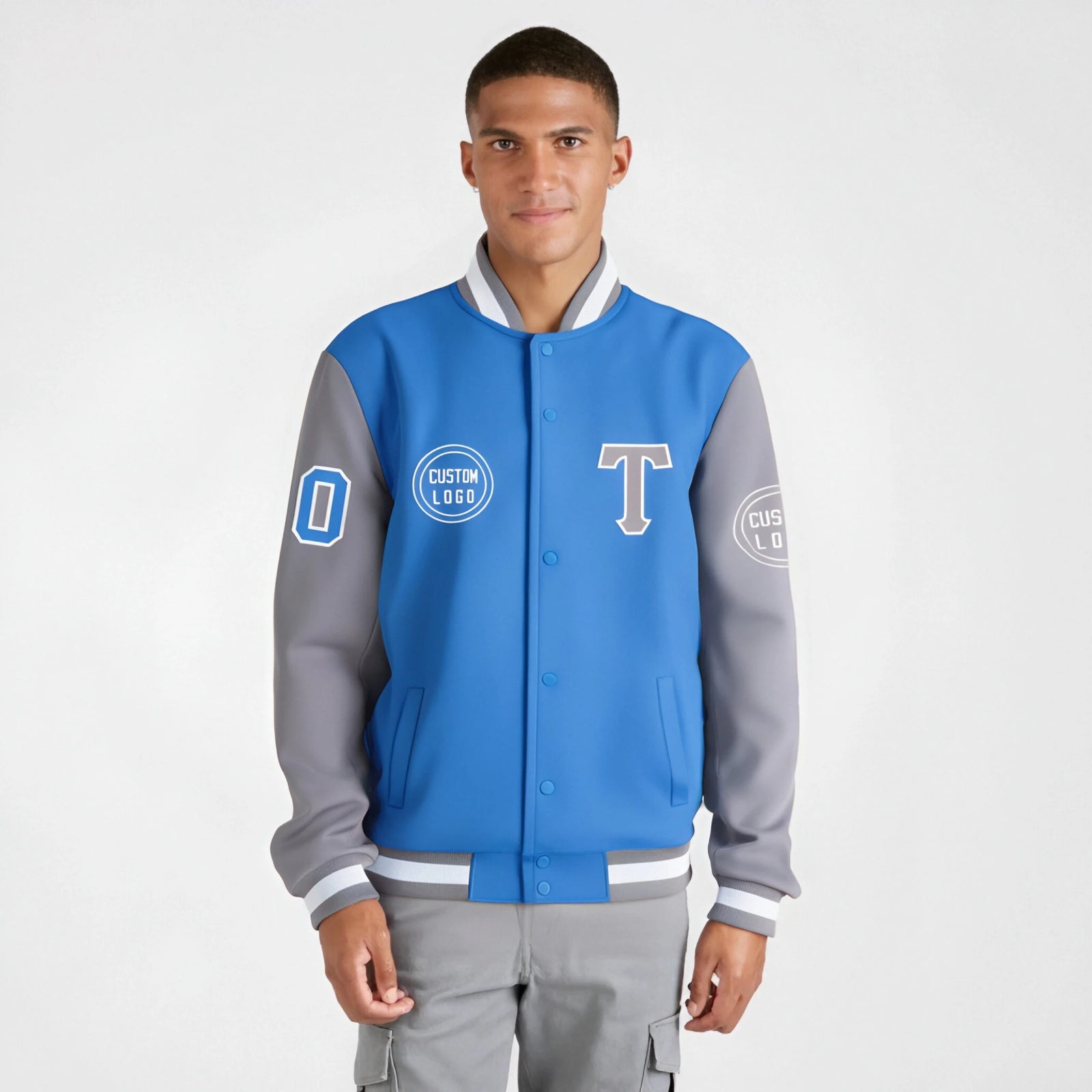 Custom Light Blue Gray Bomber Full-Snap Varsity Letterman Two Tone Jacket
