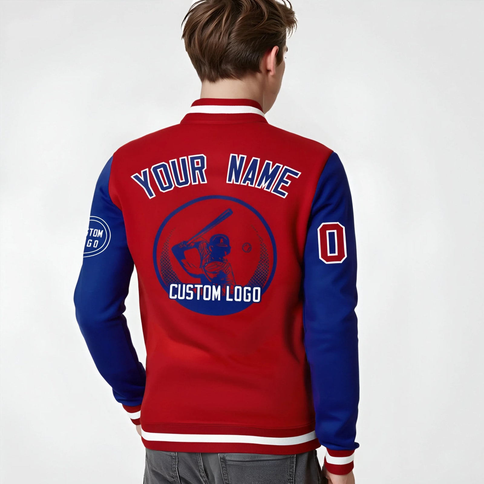 Custom Red Royal Blue Bomber Full-Snap Varsity Letterman Two Tone Jacket