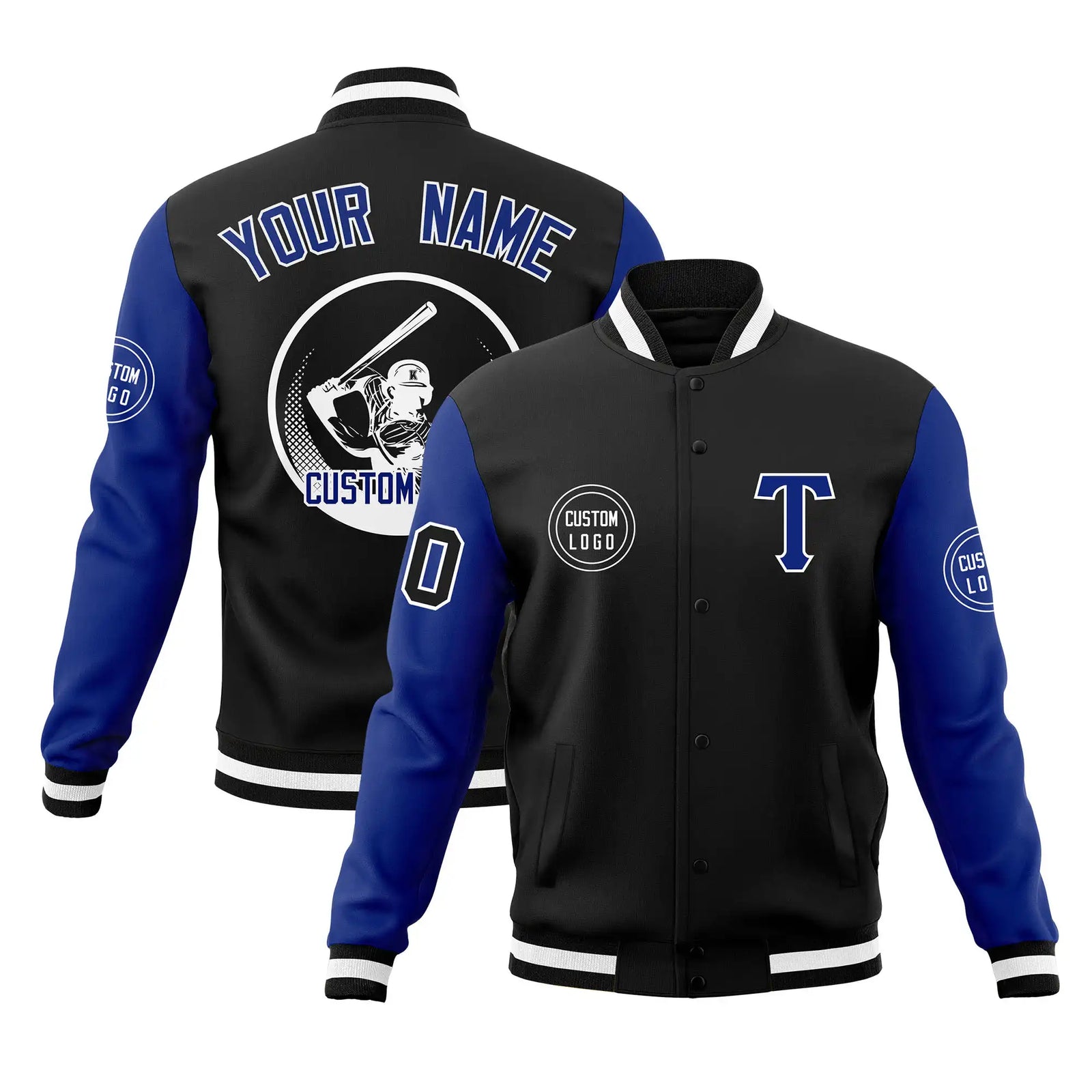 Custom Black Royal Blue Bomber Full-Snap Varsity Letterman Two Tone Jacket