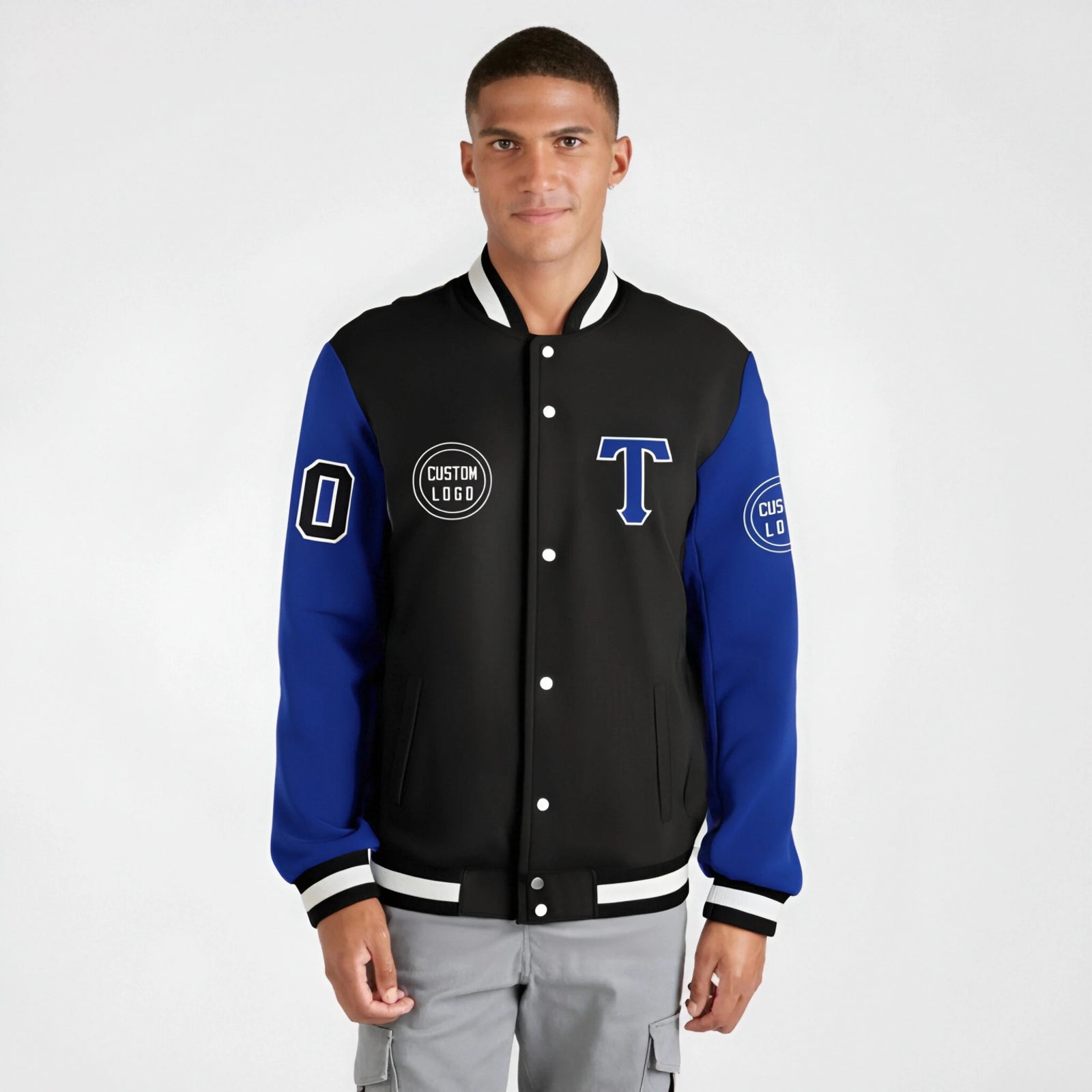 Custom Black Royal Blue Bomber Full-Snap Varsity Letterman Two Tone Jacket