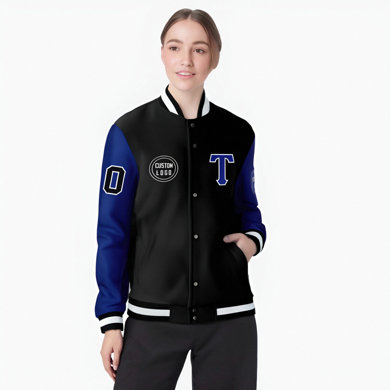 Custom Black Royal Blue Bomber Full-Snap Varsity Letterman Two Tone Jacket