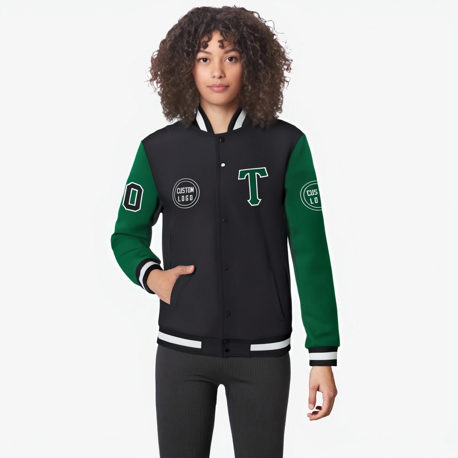 Custom Black Green Bomber Full-Snap Varsity Letterman Two Tone Jacket
