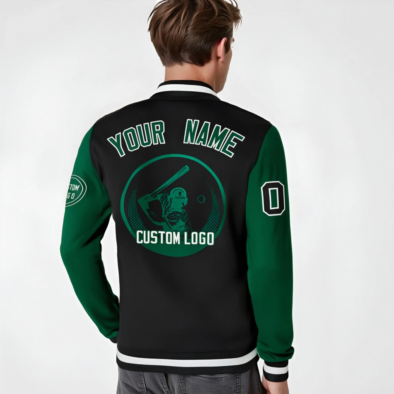 Custom Black Green Bomber Full-Snap Varsity Letterman Two Tone Jacket