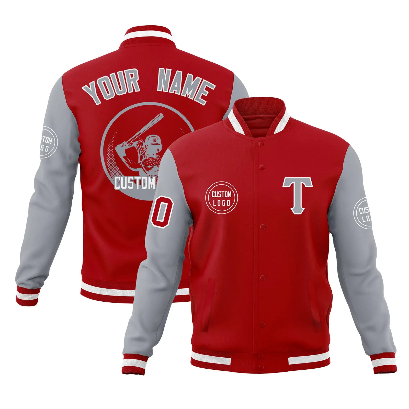 Custom Red Gray Bomber Full-Snap Varsity Letterman Two Tone Jacket