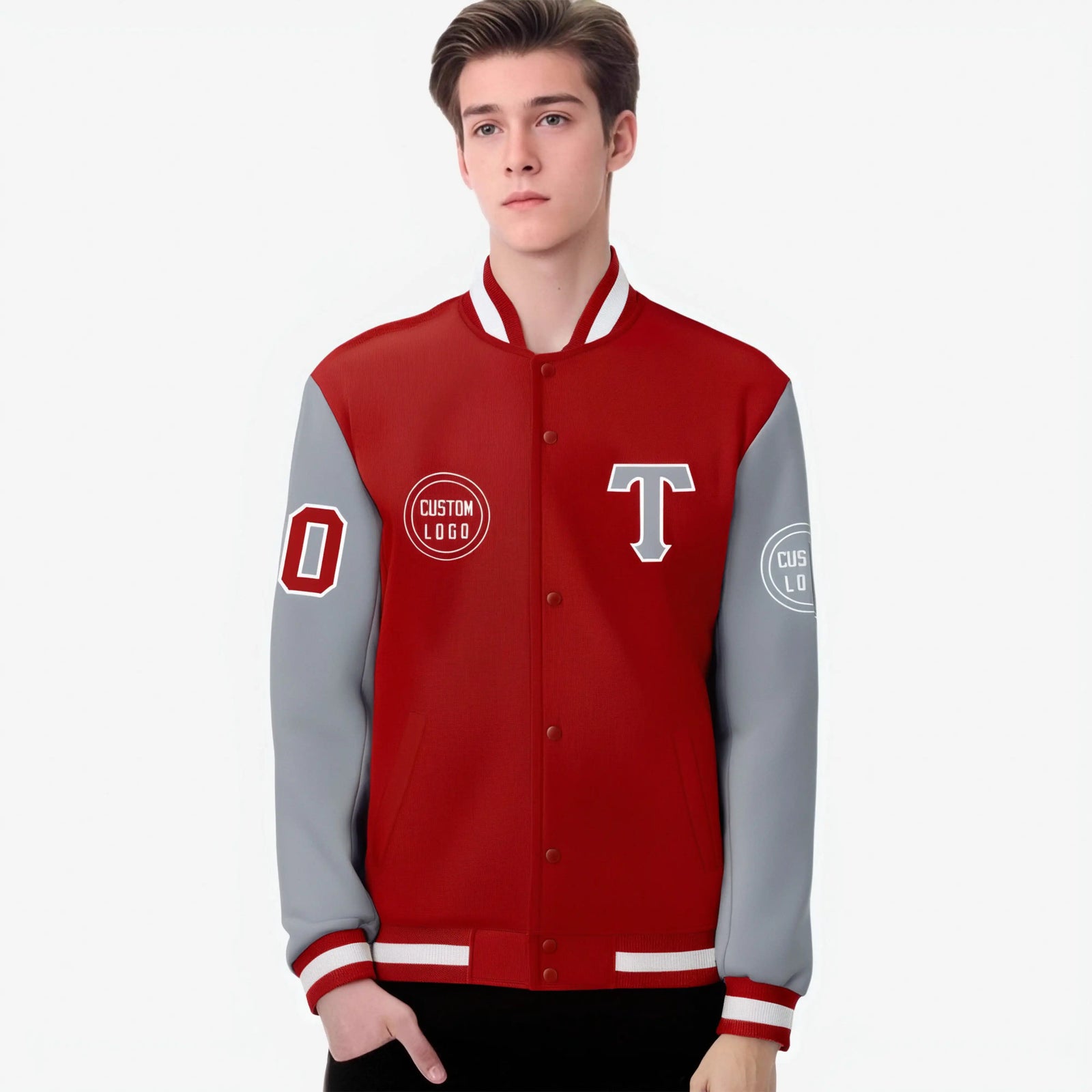 Custom Red Gray Bomber Full-Snap Varsity Letterman Two Tone Jacket