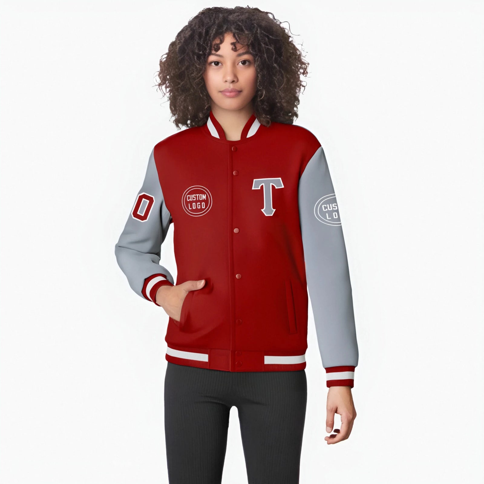 Custom Red Gray Bomber Full-Snap Varsity Letterman Two Tone Jacket