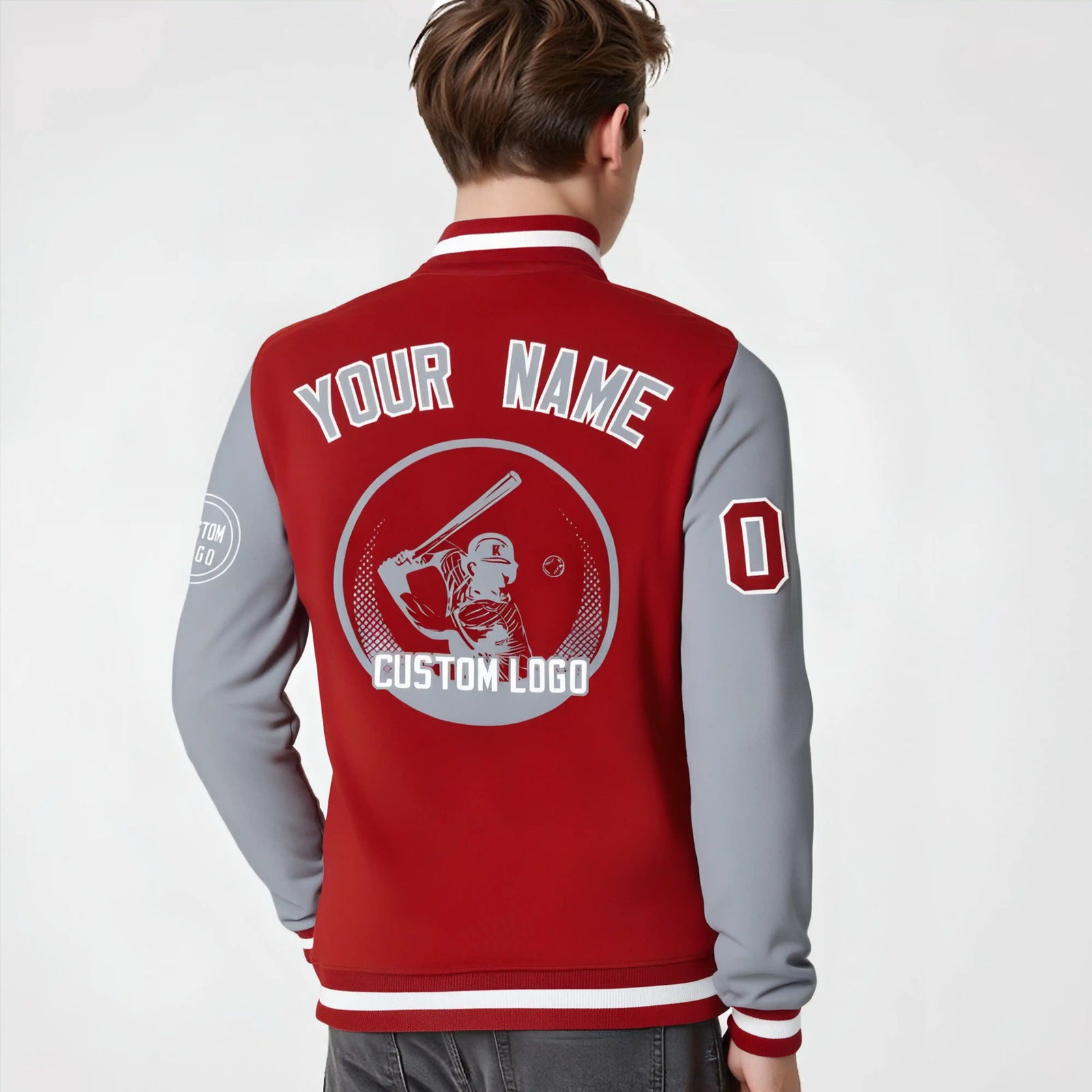 Custom Red Gray Bomber Full-Snap Varsity Letterman Two Tone Jacket