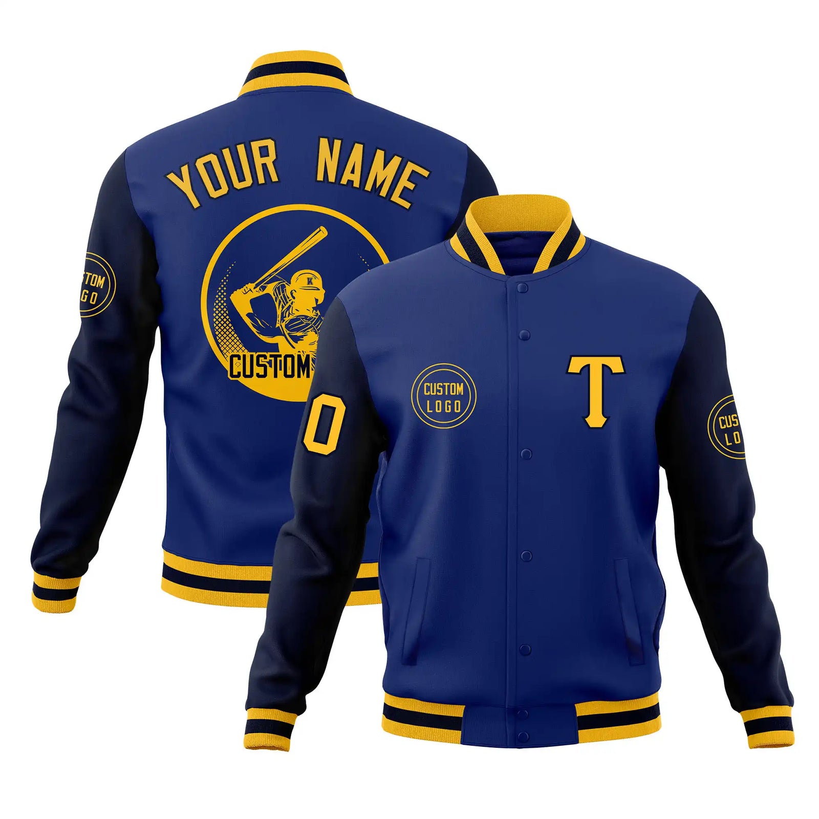 Custom Royal Blue Navy Bomber Full-Snap Varsity Letterman Two Tone Jacket