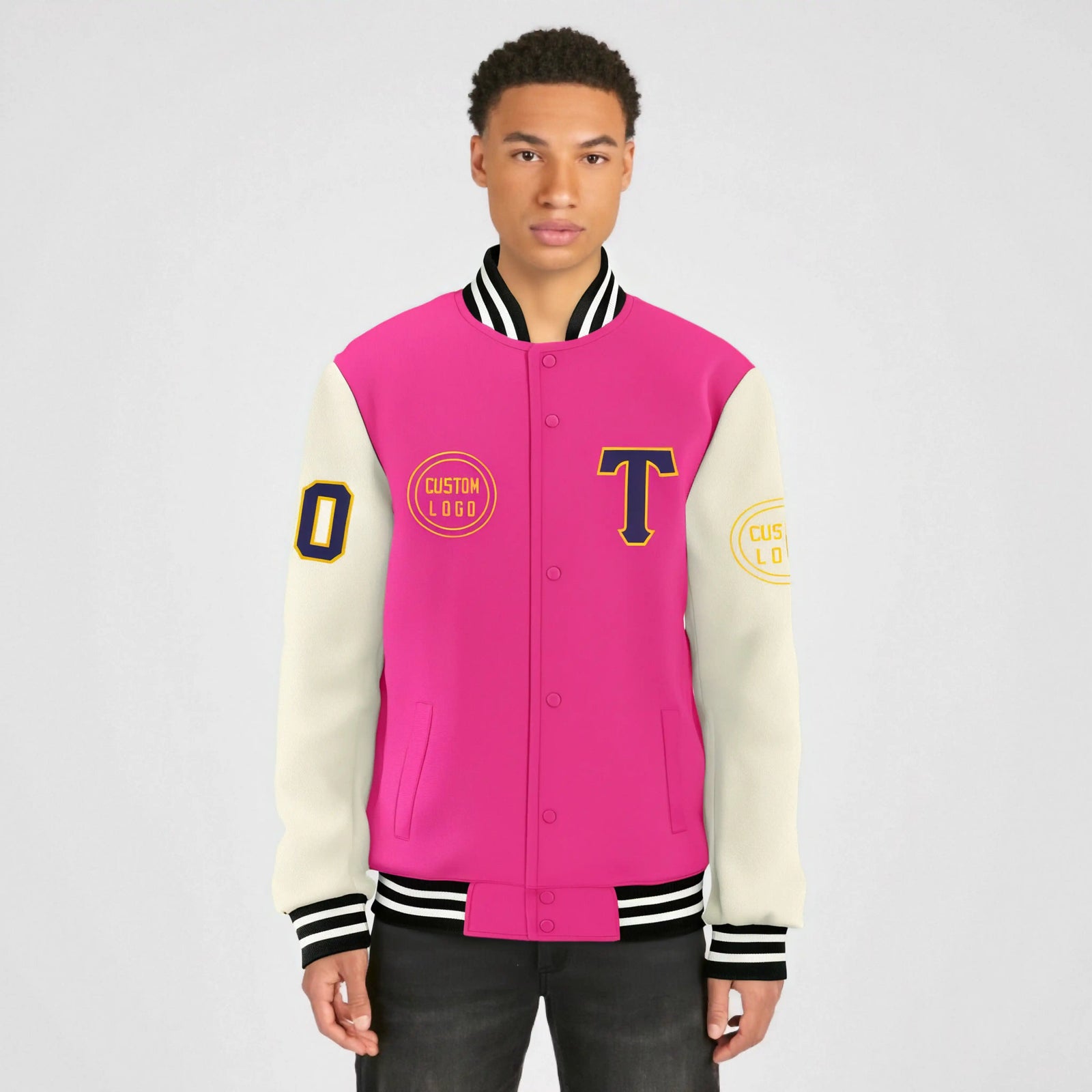 Custom Pink Cream Bomber Full-Snap Varsity Letterman Two Tone Jacket