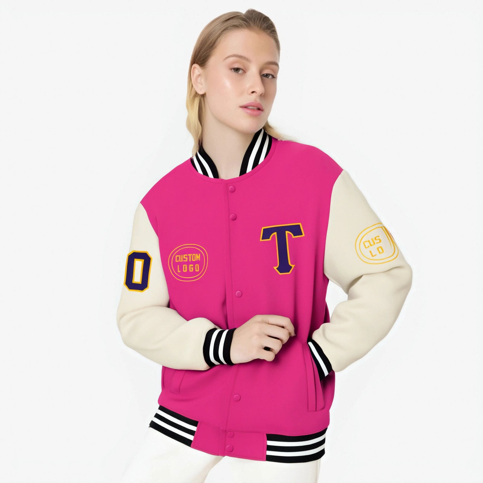 Custom Pink Cream Bomber Full-Snap Varsity Letterman Two Tone Jacket