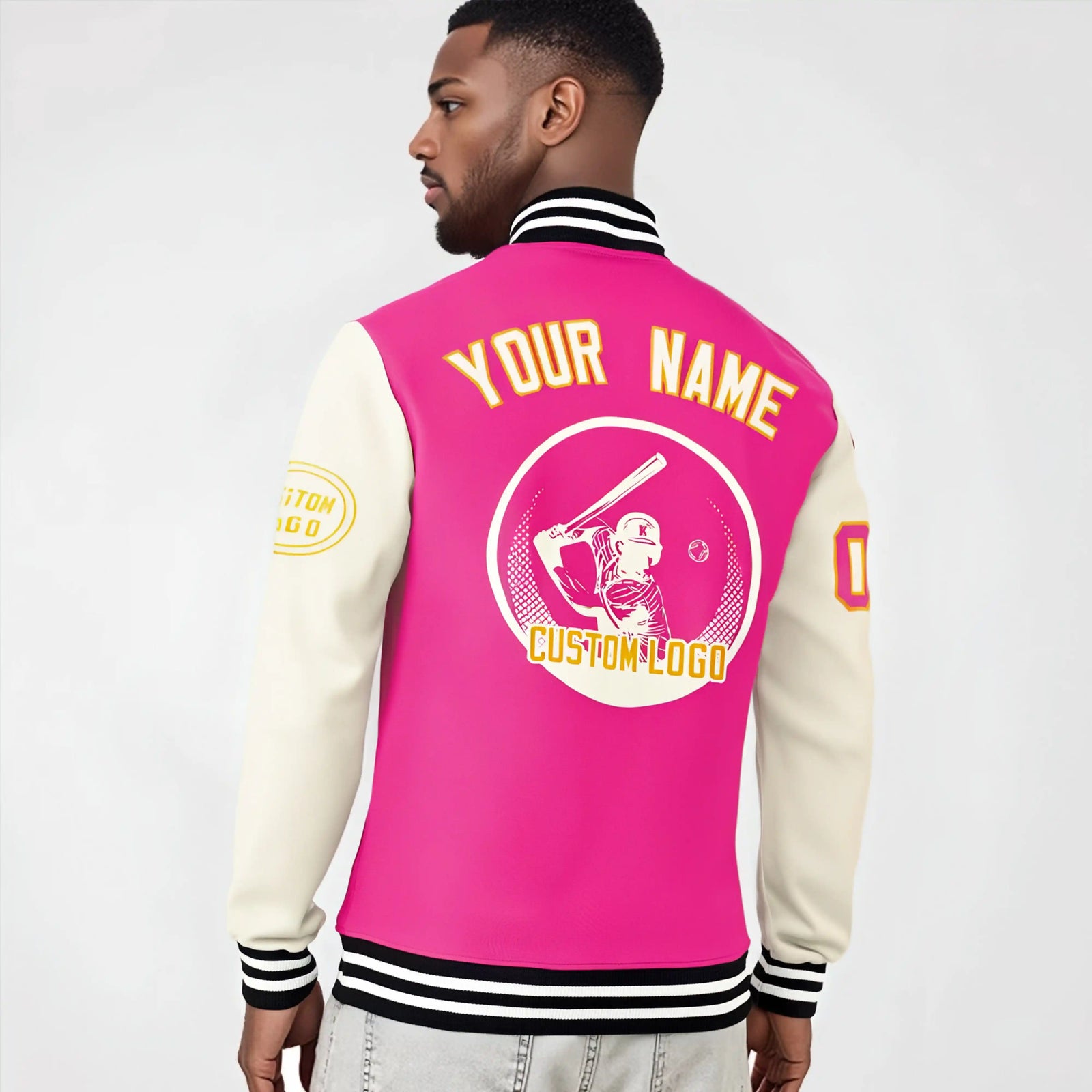 Custom Pink Cream Bomber Full-Snap Varsity Letterman Two Tone Jacket