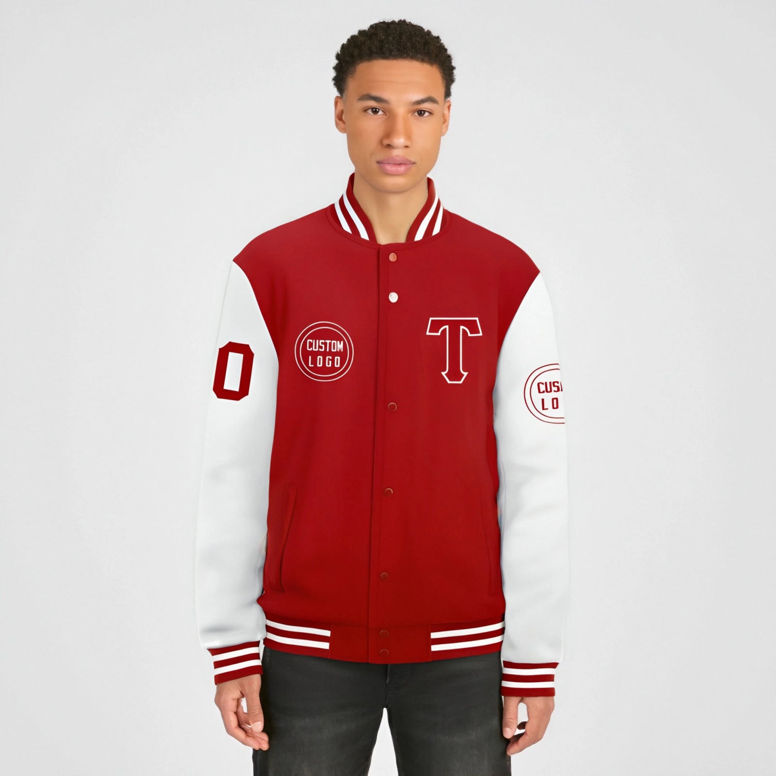 Custom Red White Bomber Full-Snap Varsity Letterman Two Tone Jacket