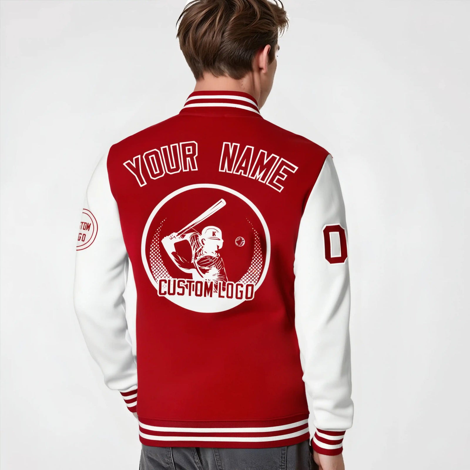 Custom Red White Bomber Full-Snap Varsity Letterman Two Tone Jacket