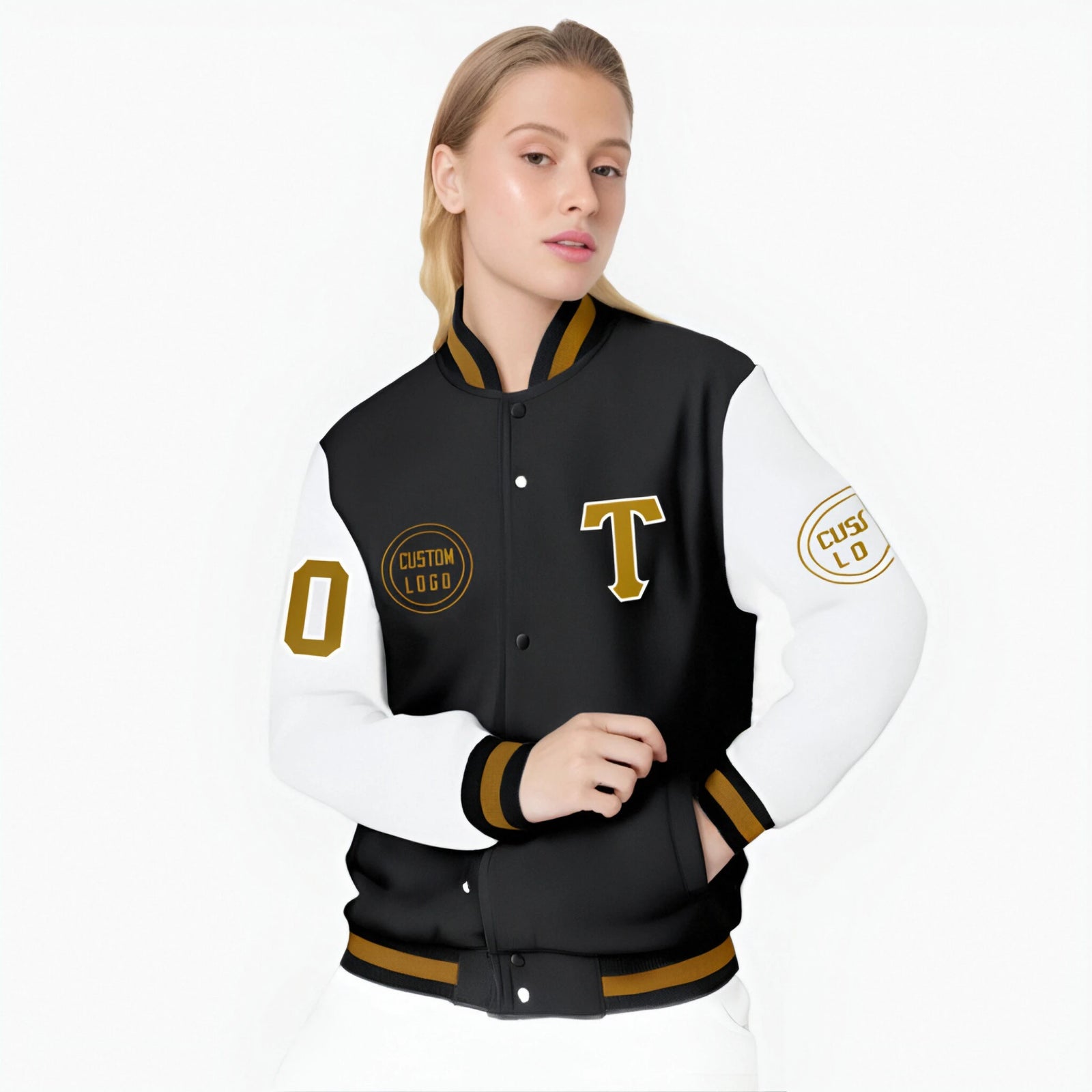 Custom Black White Bomber Full-Snap Varsity Letterman Two Tone Jacket