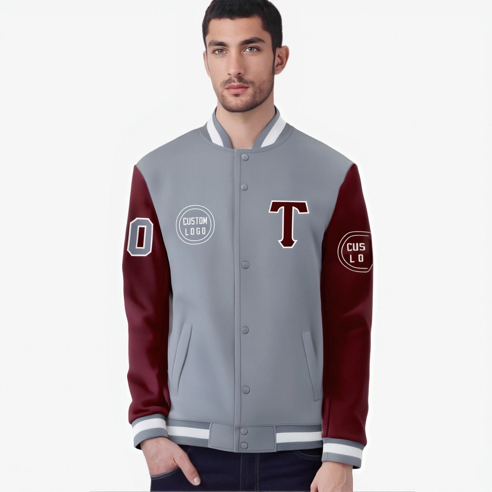 Custom Gray Crimson Bomber Full-Snap Varsity Letterman Two Tone Jacket