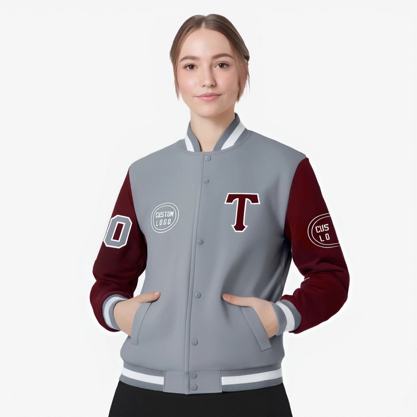 Custom Gray Crimson Bomber Full-Snap Varsity Letterman Two Tone Jacket