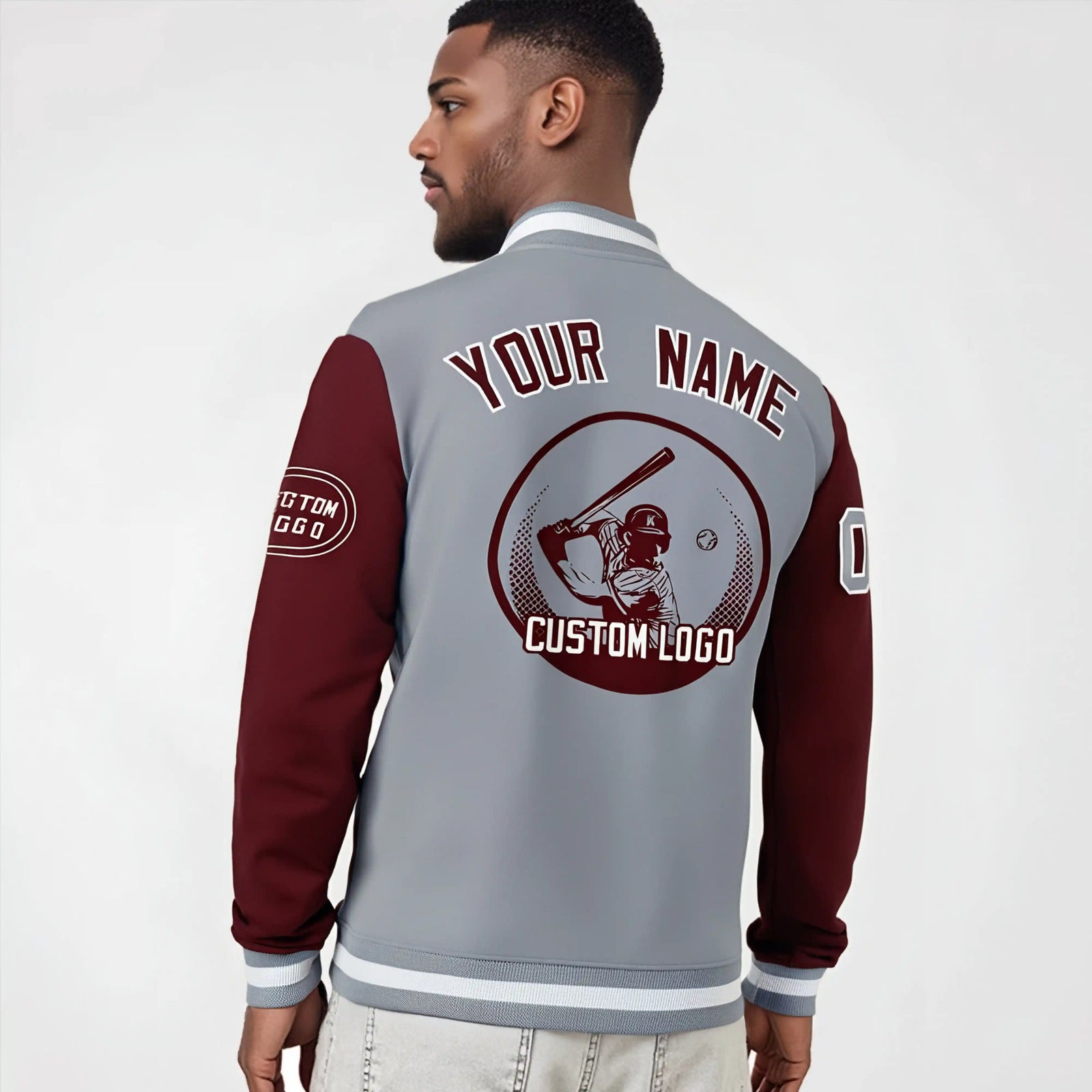 Custom Gray Crimson Bomber Full-Snap Varsity Letterman Two Tone Jacket