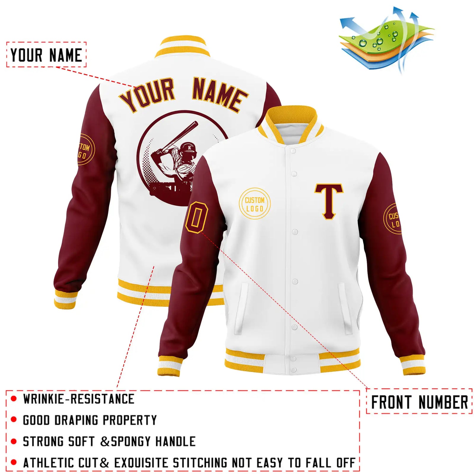 Custom White Crimson Bomber Full-Snap Varsity Letterman Two Tone Jacket