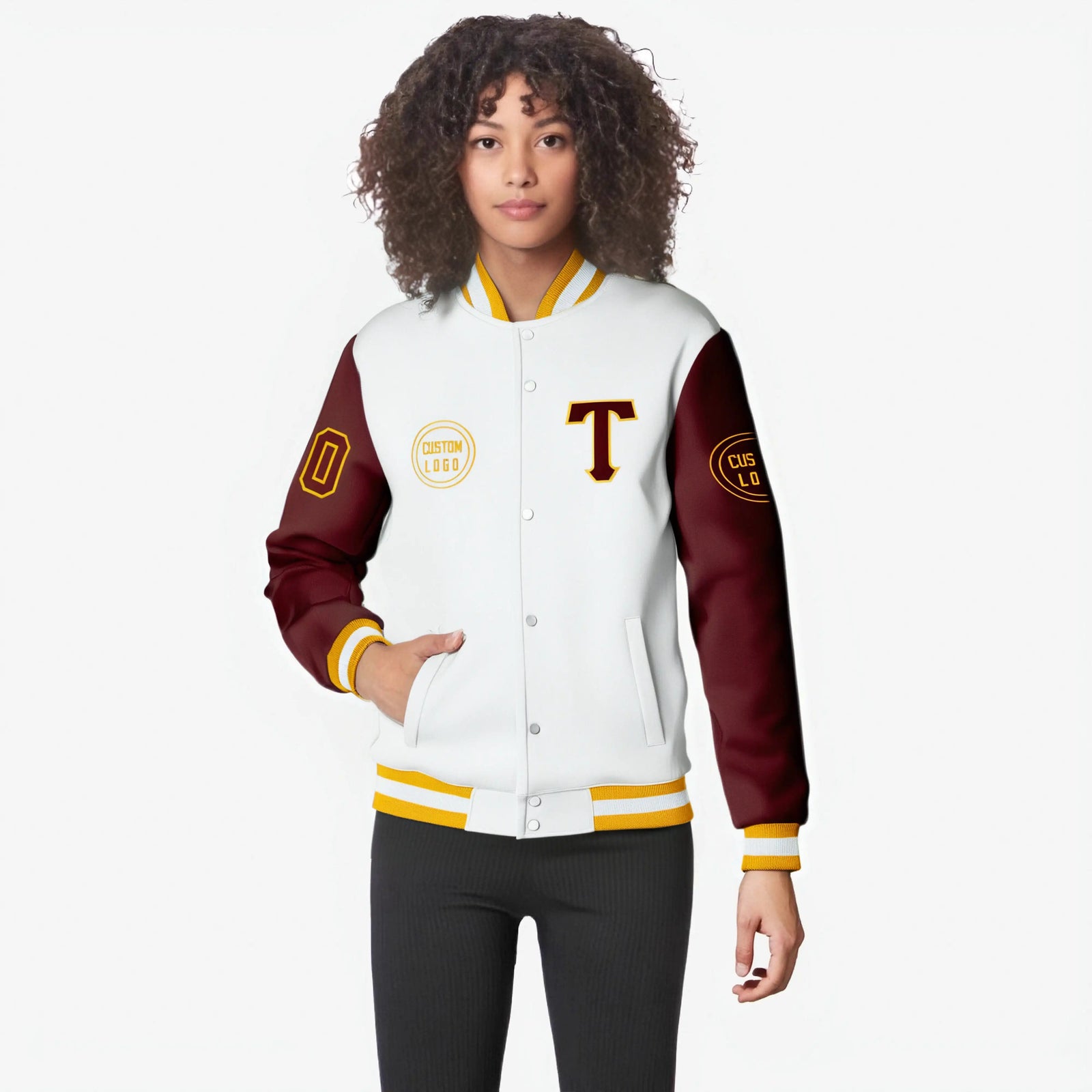 Custom White Crimson Bomber Full-Snap Varsity Letterman Two Tone Jacket