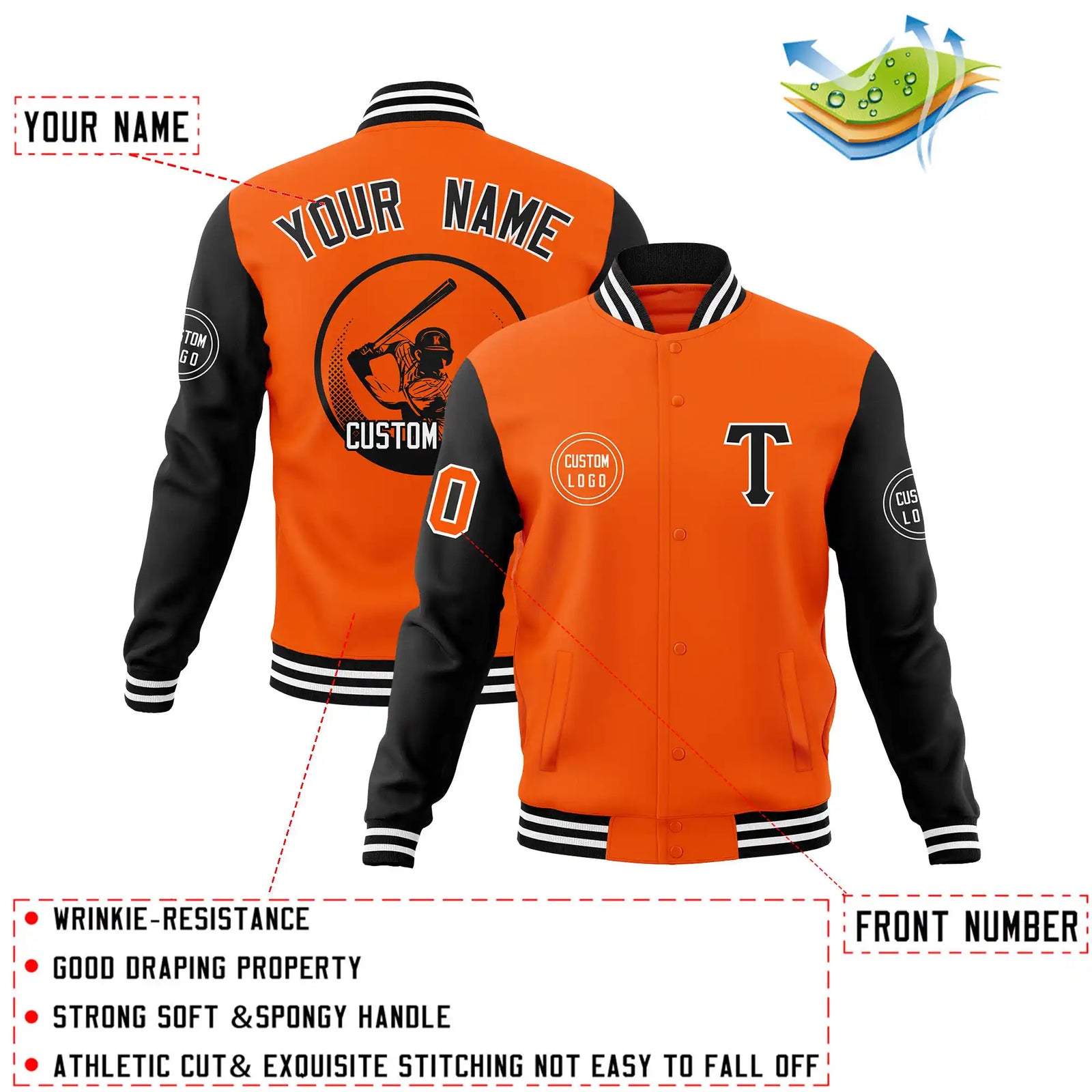 Custom Orange Black Bomber Full-Snap Varsity Letterman Two Tone Jacket