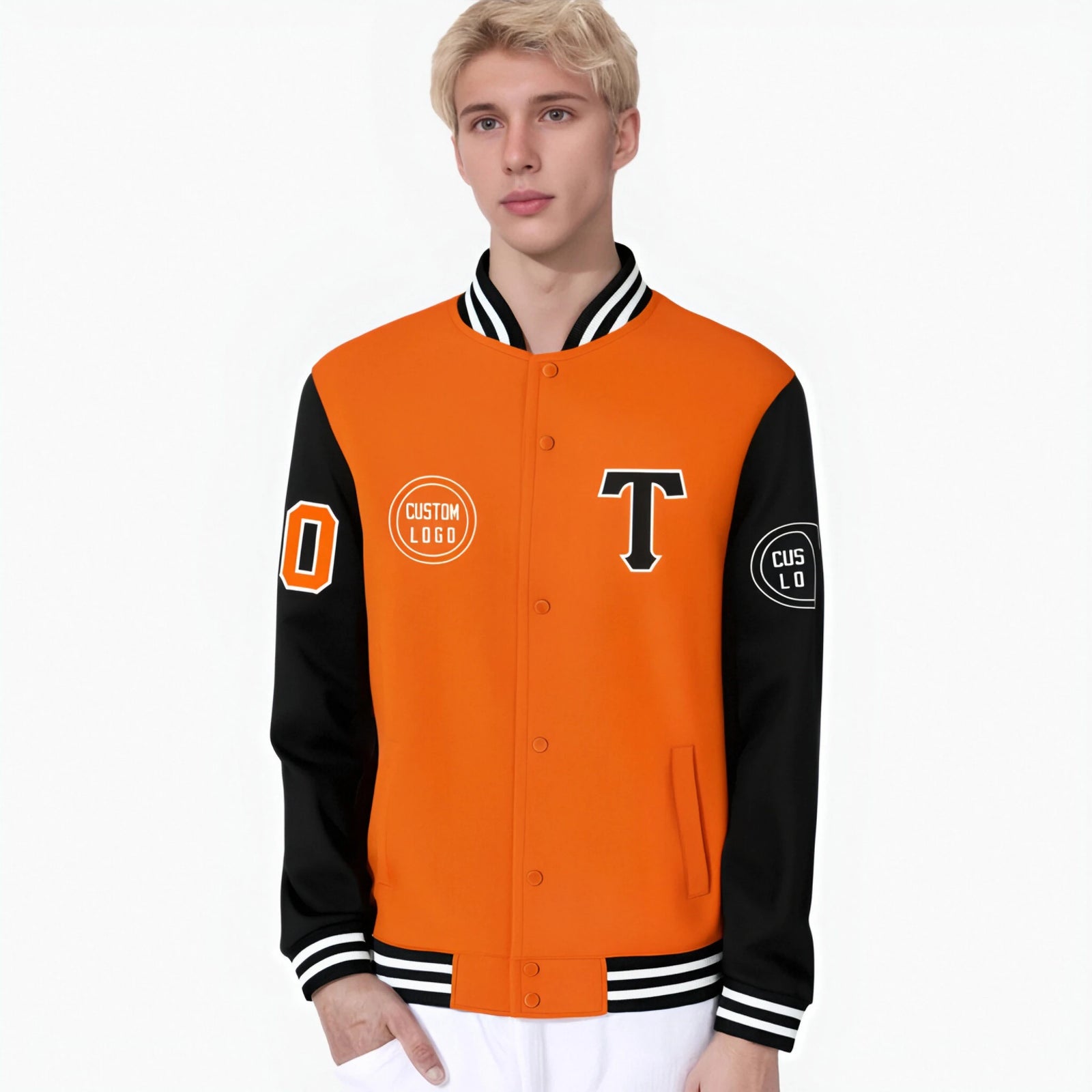 Custom Orange Black Bomber Full-Snap Varsity Letterman Two Tone Jacket