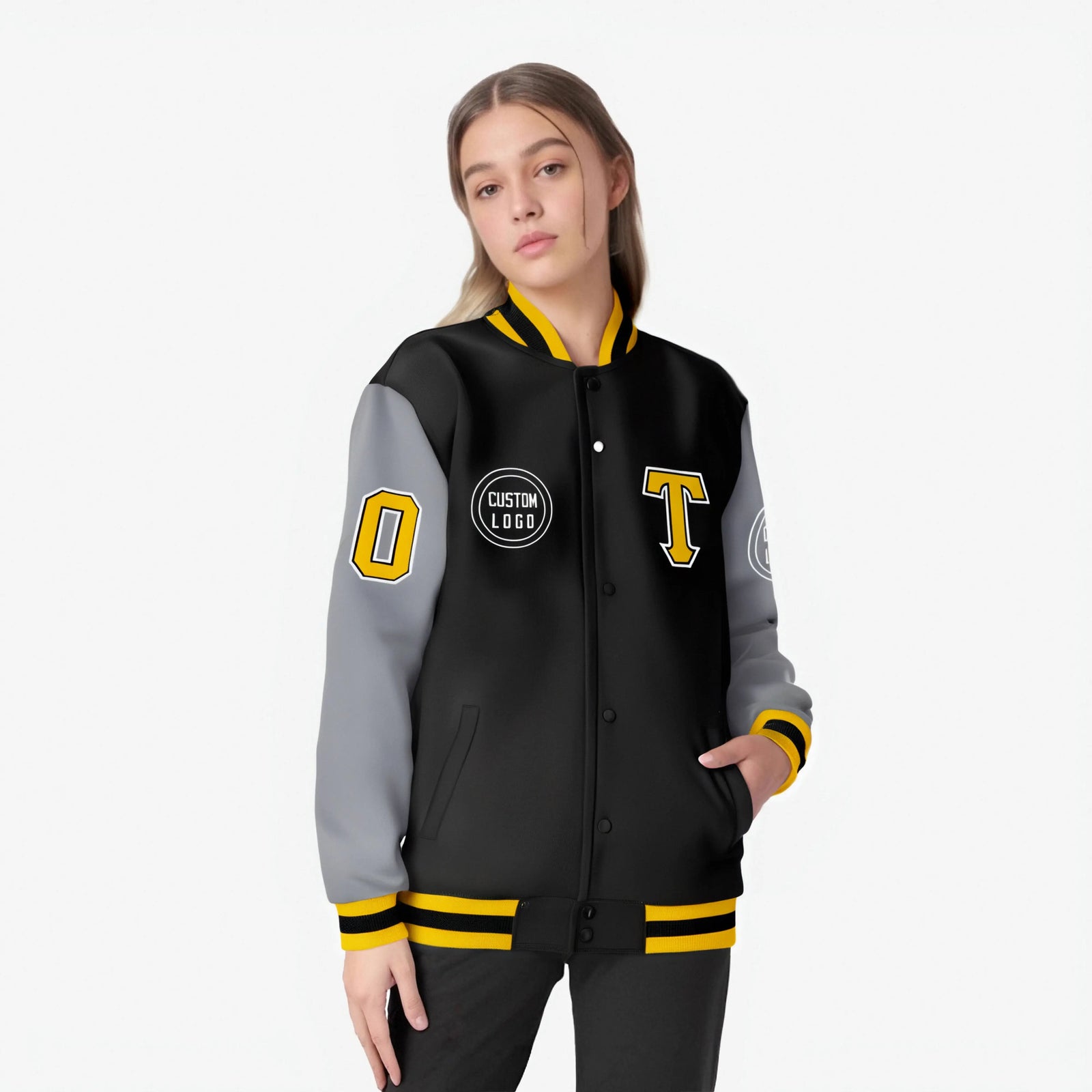 Custom Black Gray Bomber Full-Snap Varsity Letterman Two Tone Jacket