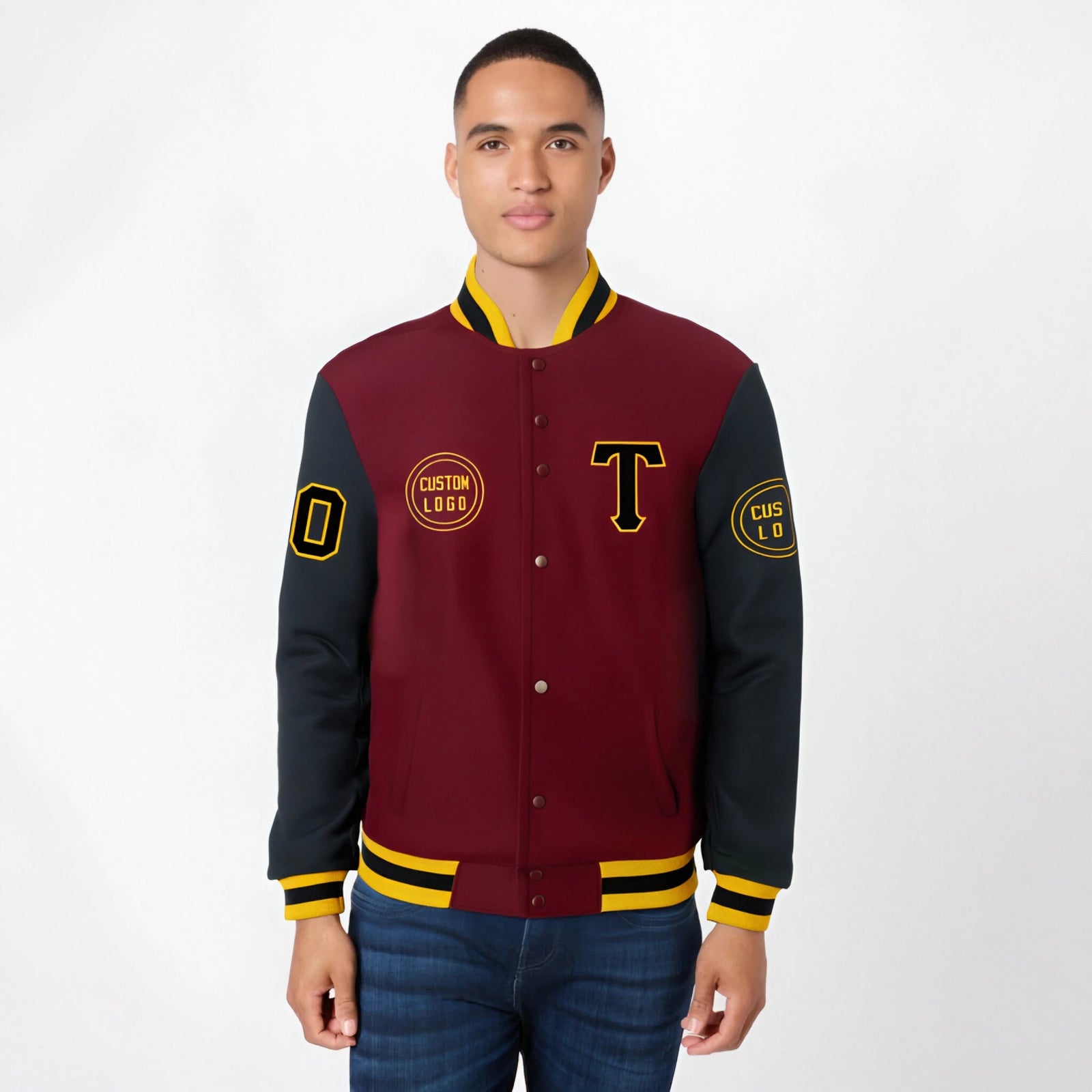 Custom Crimson Black Bomber Full-Snap Varsity Letterman Two Tone Jacket