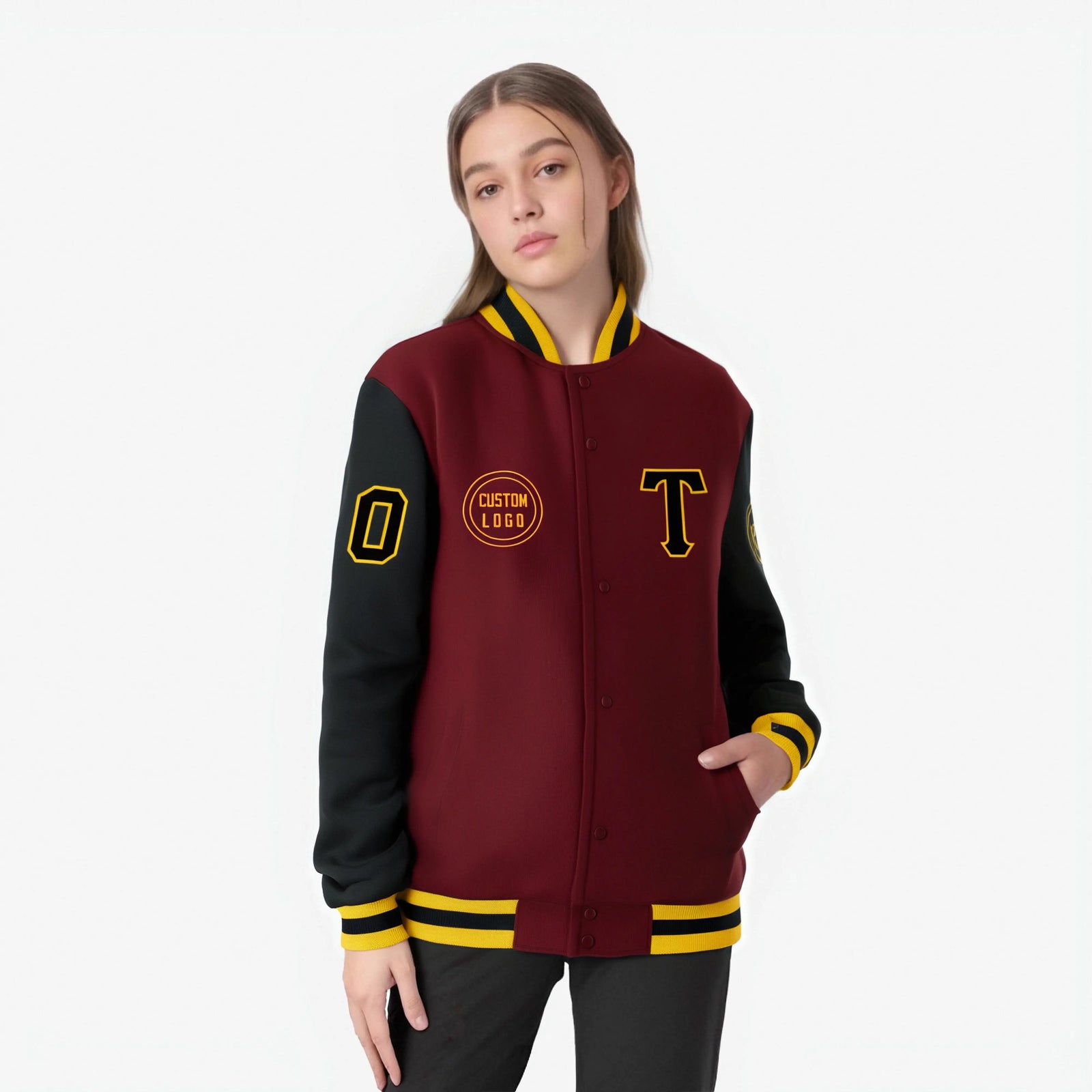 Custom Crimson Black Bomber Full-Snap Varsity Letterman Two Tone Jacket