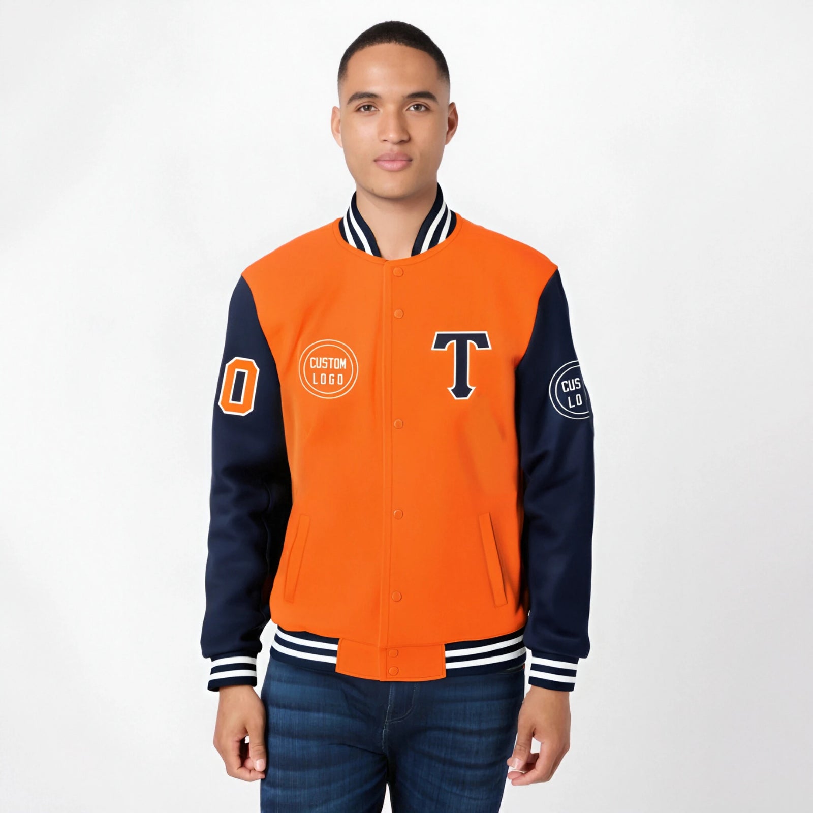 Custom Orange Navy Bomber Full-Snap Varsity Letterman Two Tone Jacket