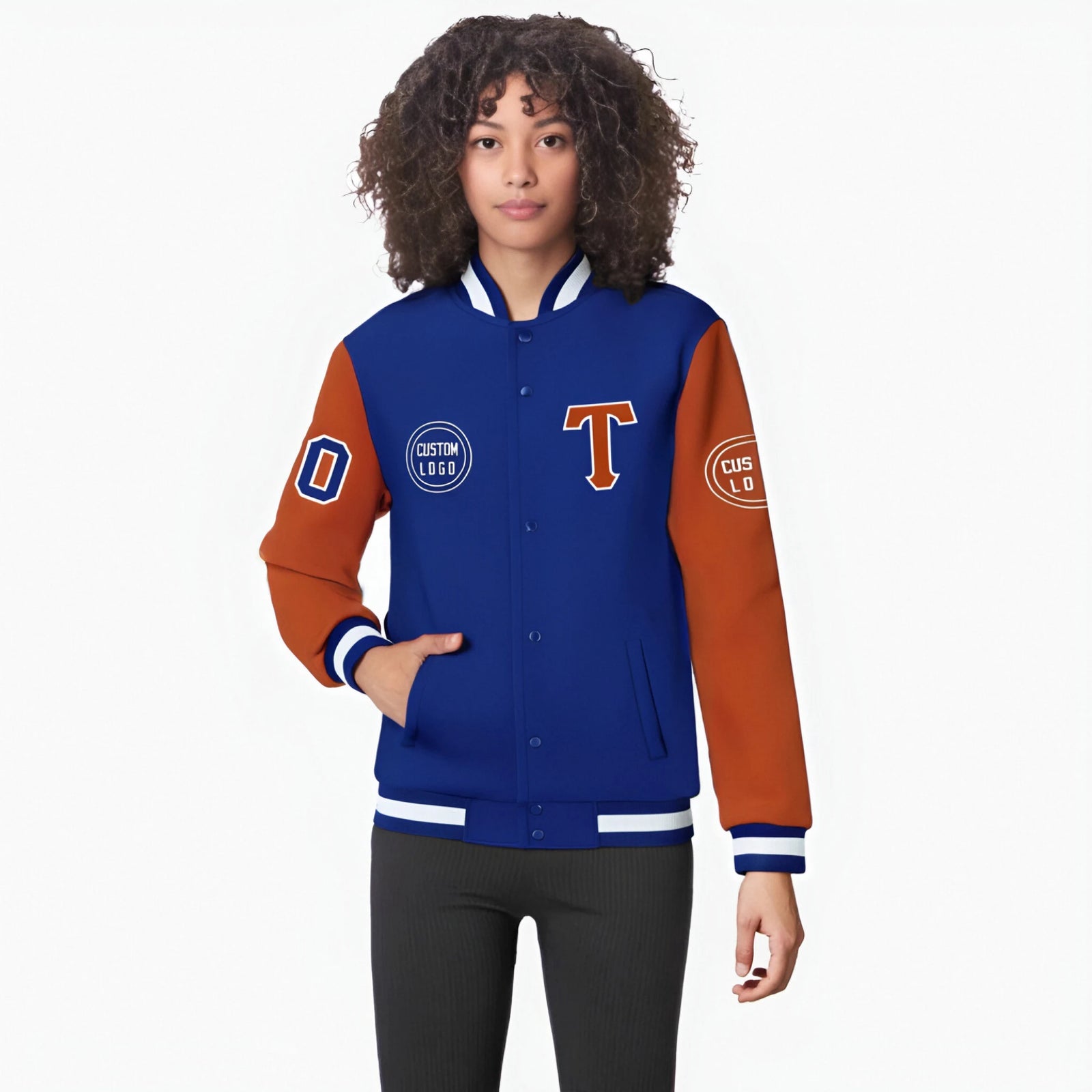 Custom Royal Blue Orange Bomber Full-Snap Varsity Letterman Two Tone Jacket