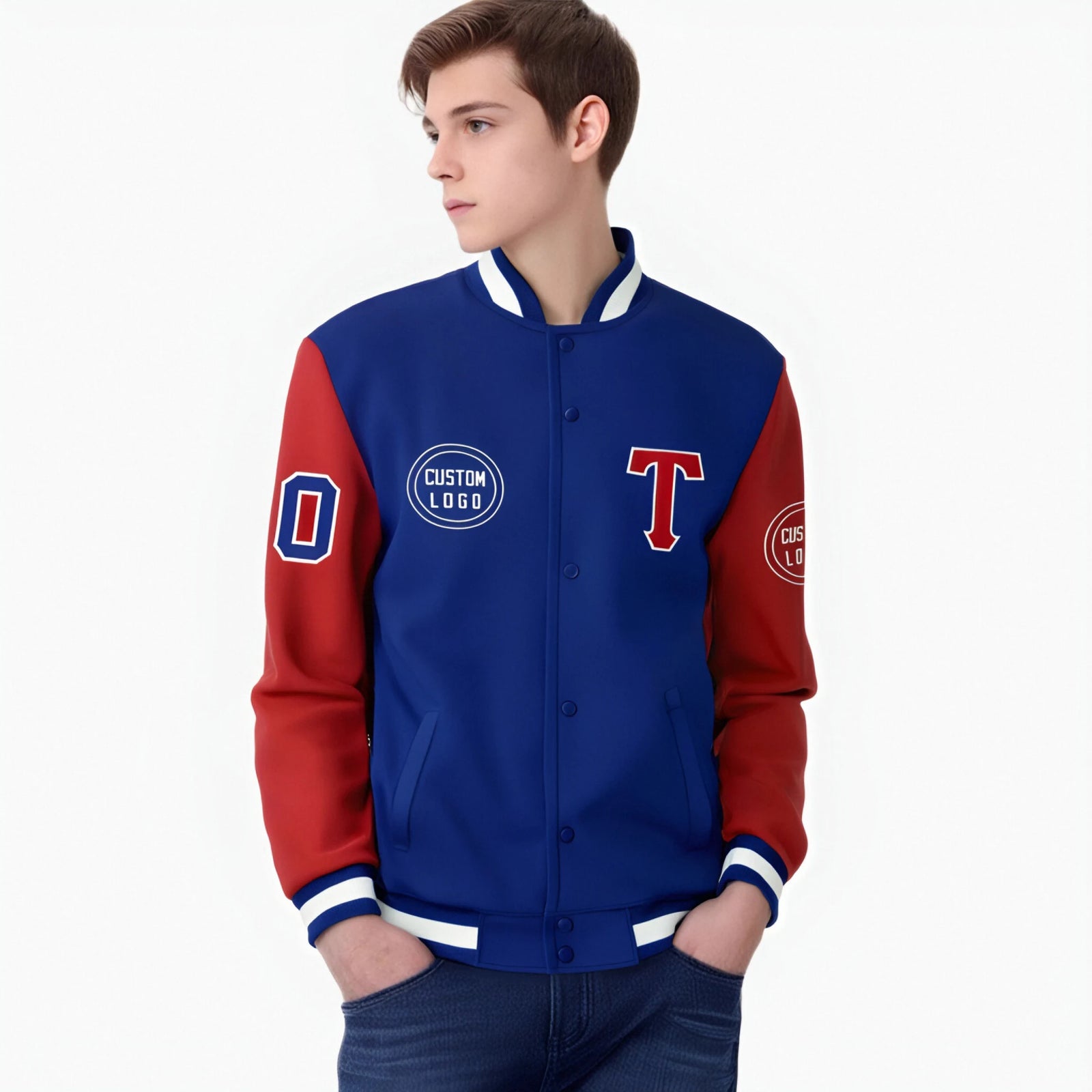 Custom Royal Blue Red Bomber Full-Snap Varsity Letterman Two Tone Jacket