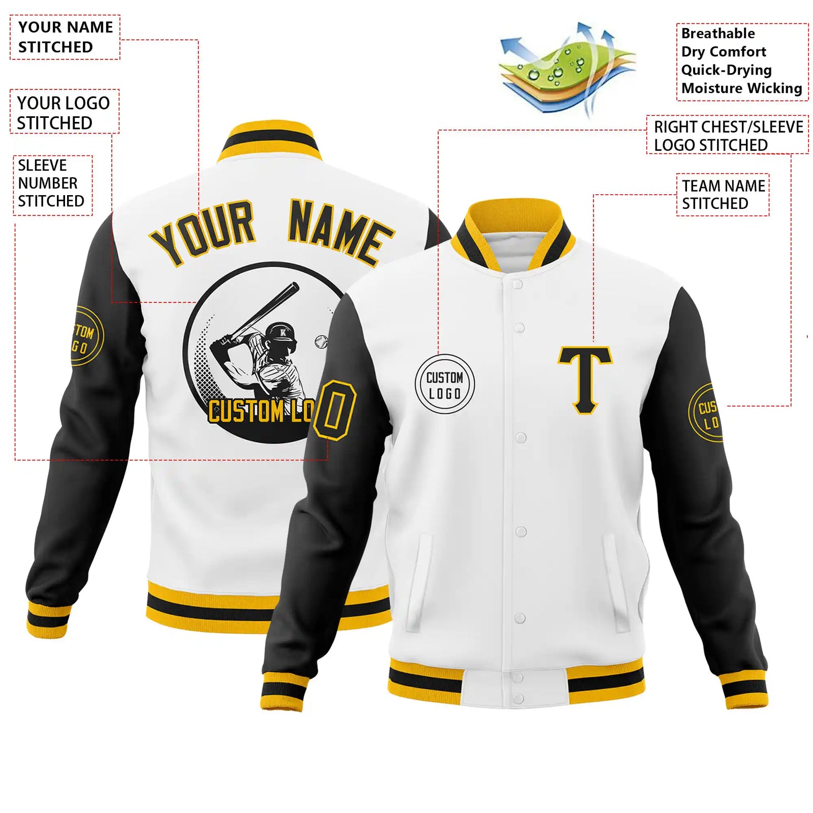 Custom White Black Bomber Full-Snap Varsity Letterman Two Tone Jacket
