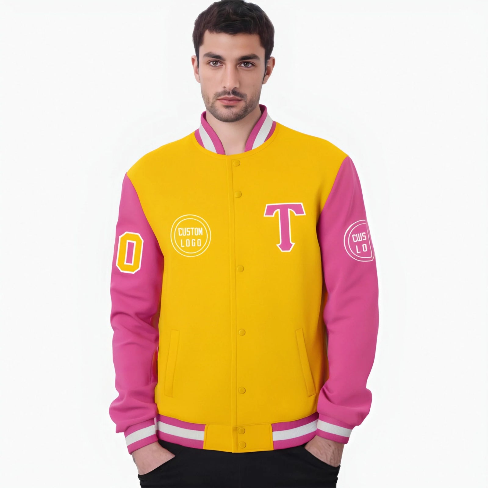 Custom Gold-1 Pink Bomber Full-Snap Varsity Letterman Two Tone Jacket