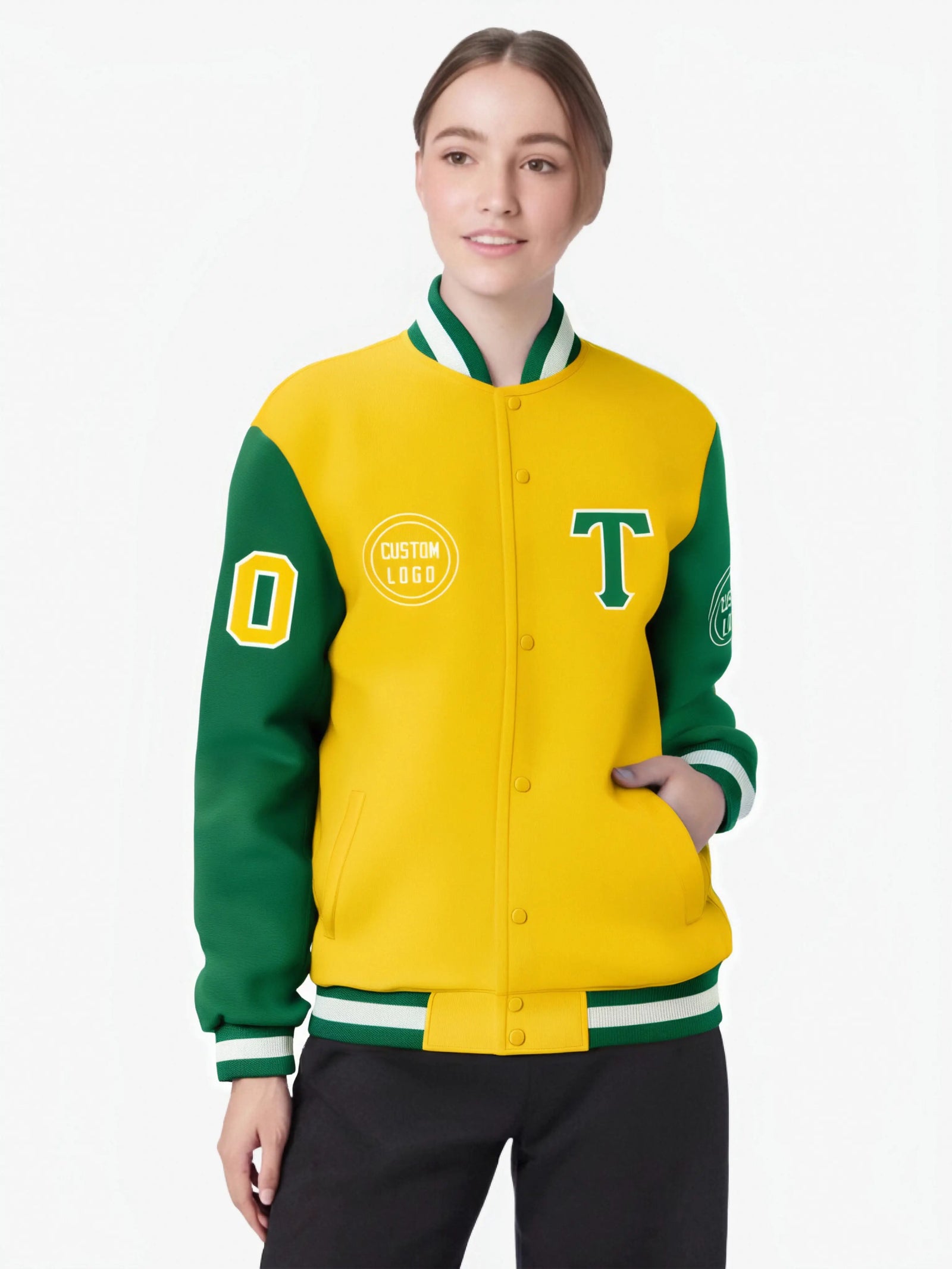 Custom Gold-1 Kelly Green Bomber Full-Snap Varsity Letterman Two Tone Jacket