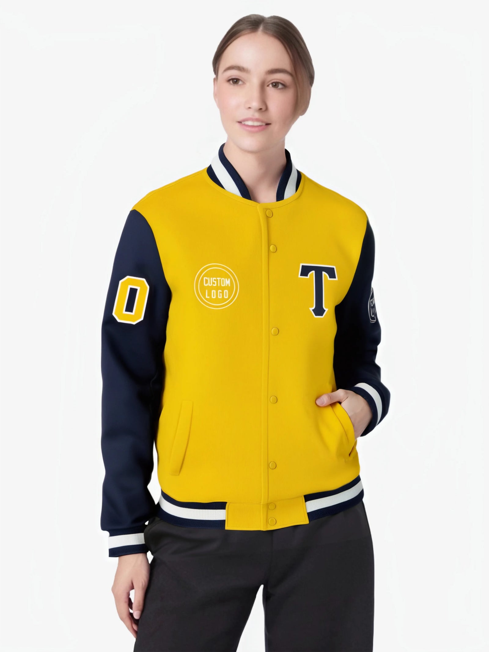 Custom Gold-1 Navy Bomber Full-Snap Varsity Letterman Two Tone Jacket