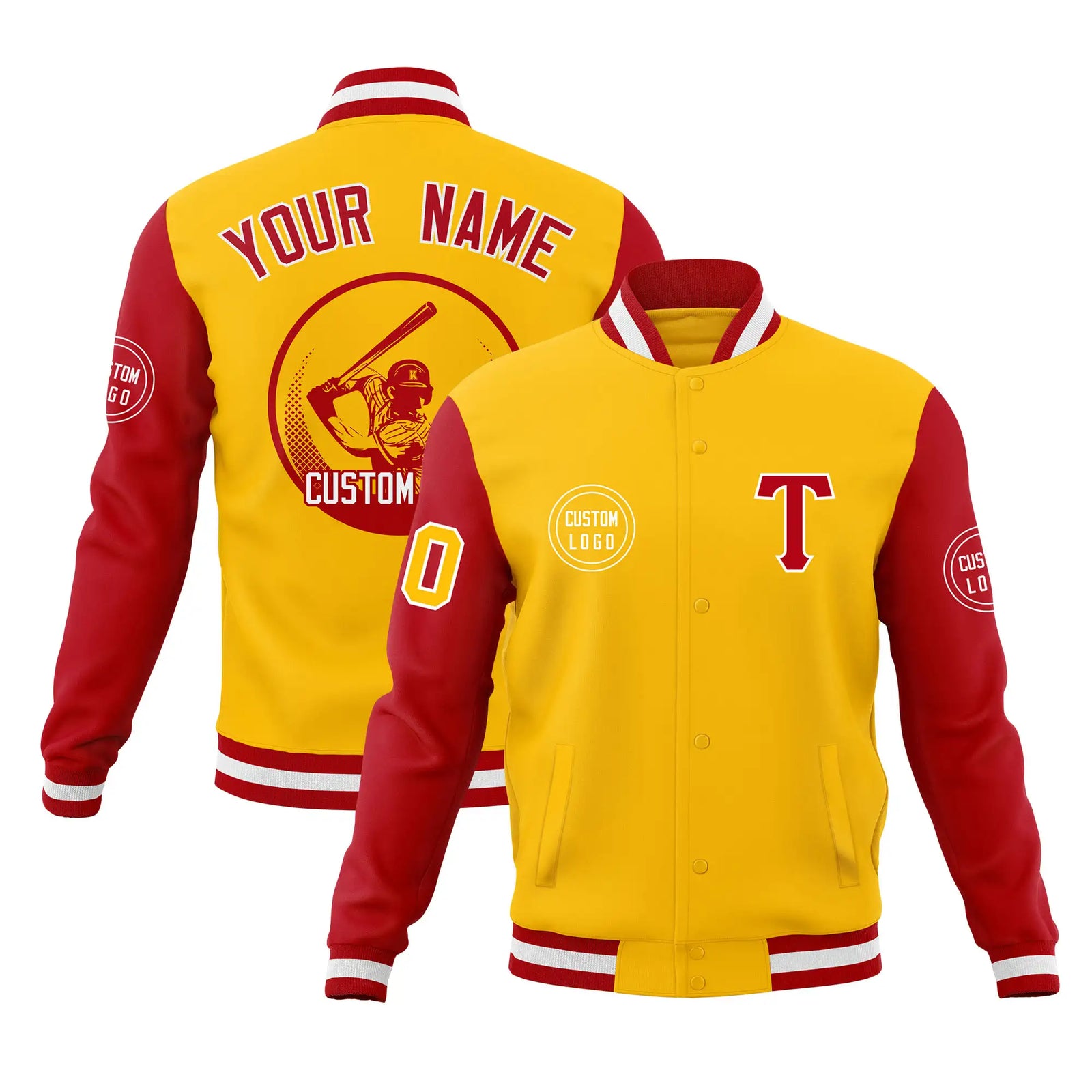 Custom Gold-1 Red Bomber Full-Snap Varsity Letterman Two Tone Jacket
