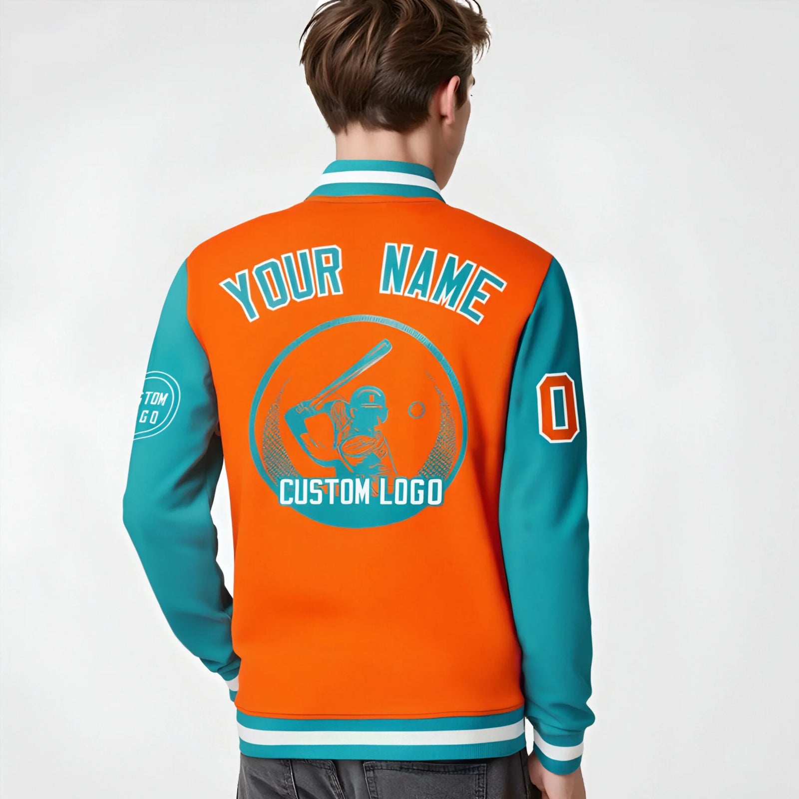 Custom Orange Aqua Bomber Full-Snap Varsity Letterman Two Tone Jacket