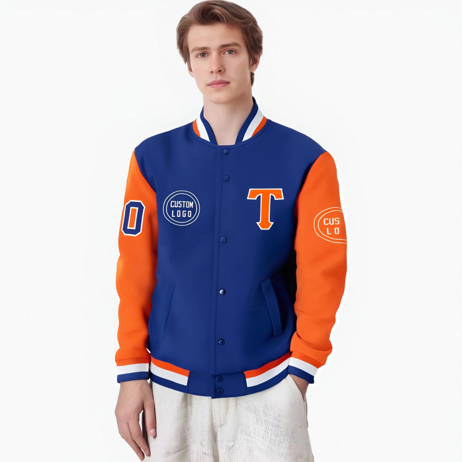 Custom Royal Blue Orange Bomber Full-Snap Varsity Letterman Two Tone Jacket