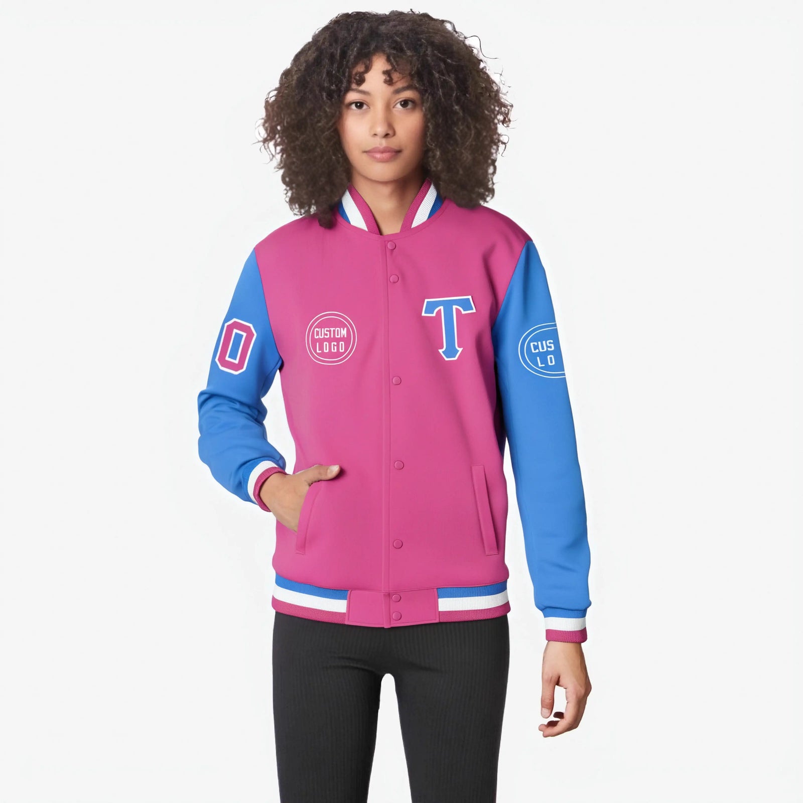 Custom Pink Powder Blue Bomber Full-Snap Varsity Letterman Two Tone Jacket