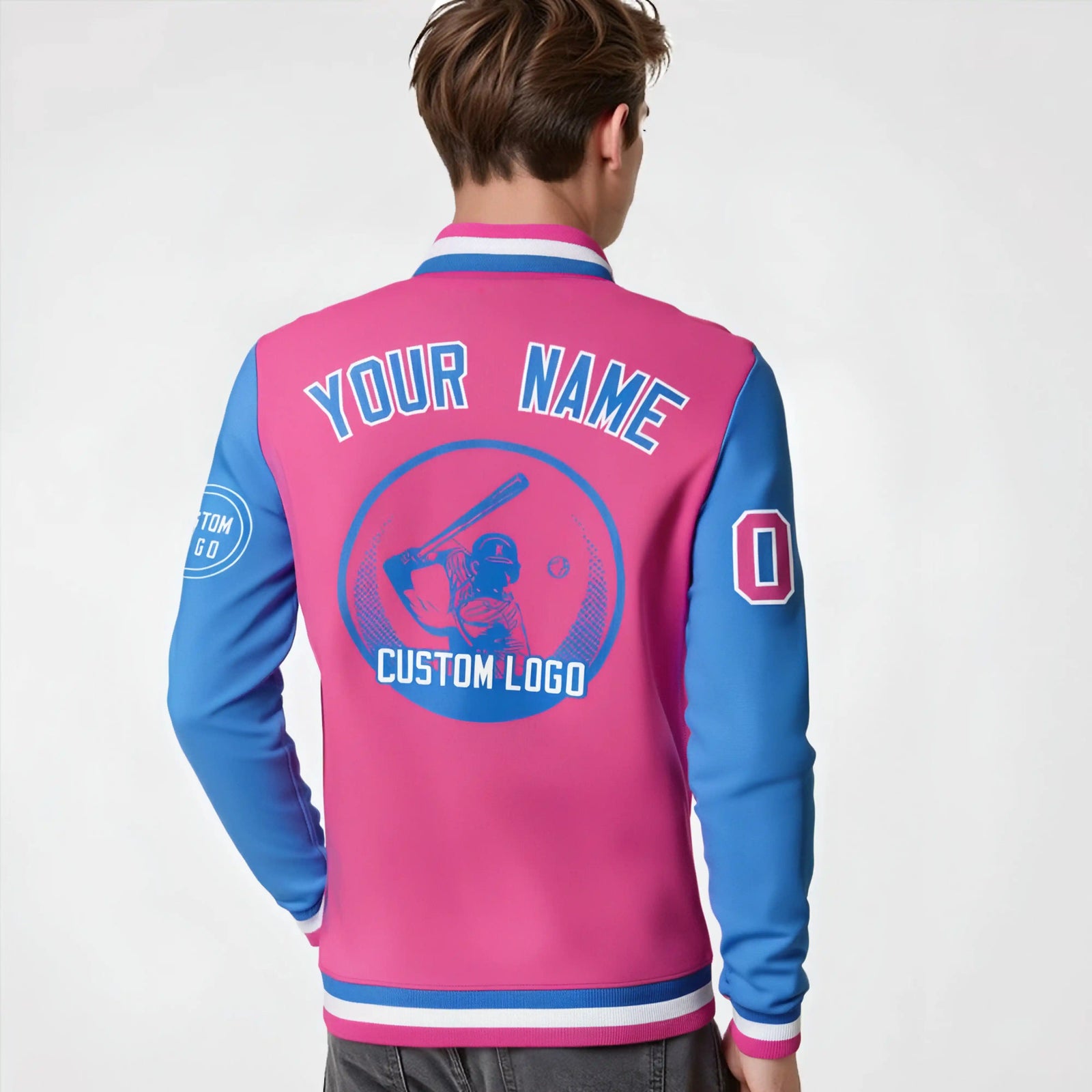 Custom Pink Powder Blue Bomber Full-Snap Varsity Letterman Two Tone Jacket