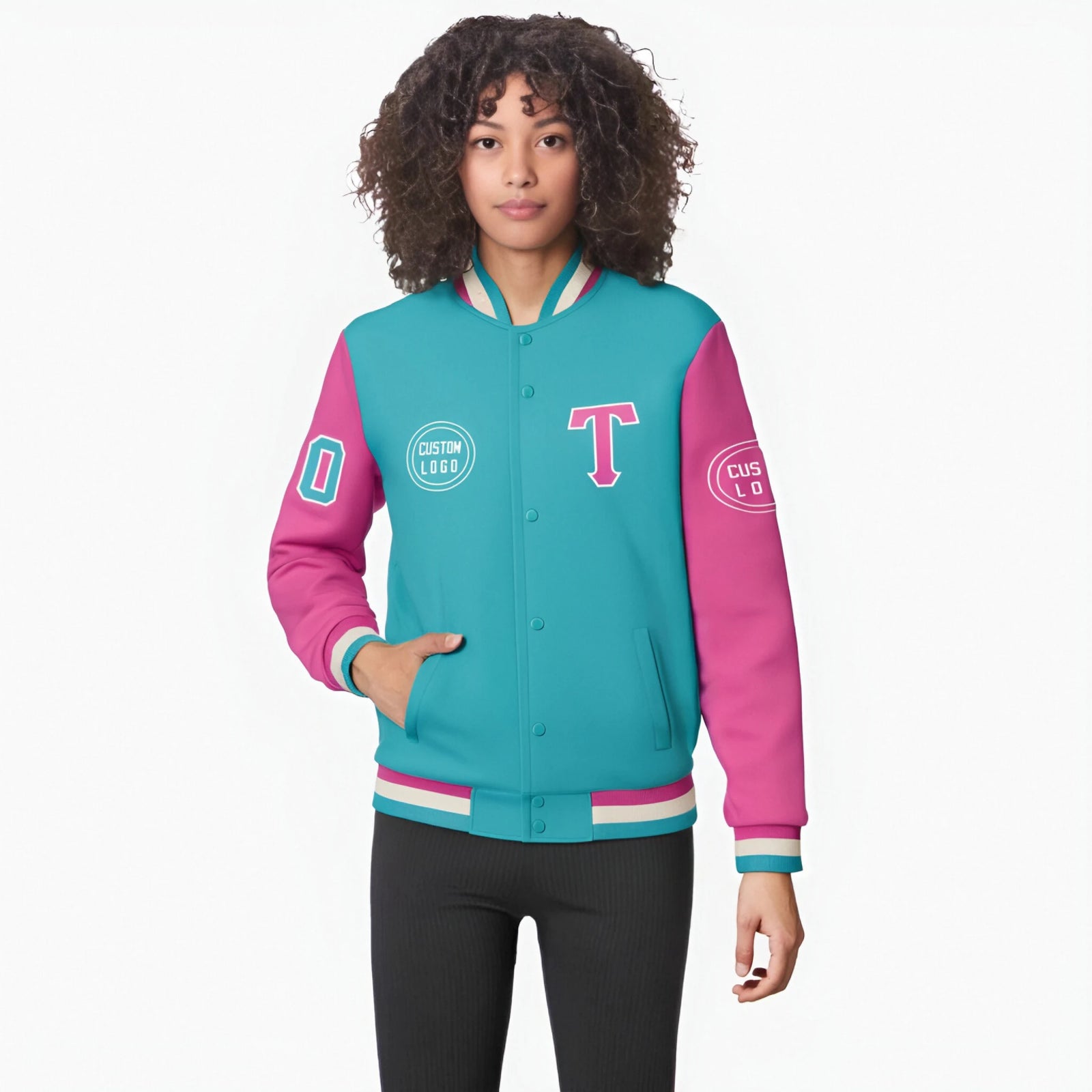Custom Bright Green Pink Bomber Full-Snap Varsity Letterman Two Tone Jacket