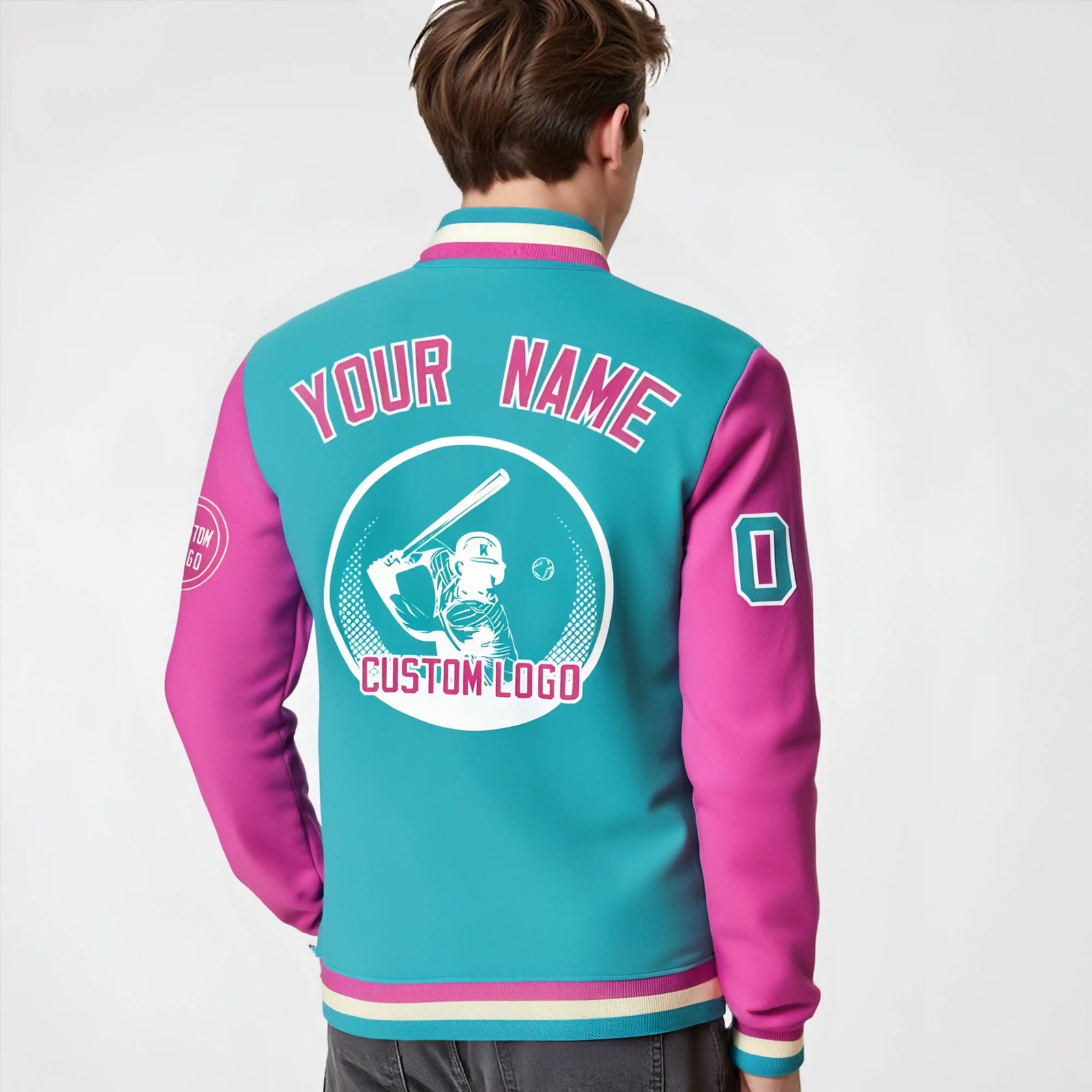 Custom Bright Green Pink Bomber Full-Snap Varsity Letterman Two Tone Jacket