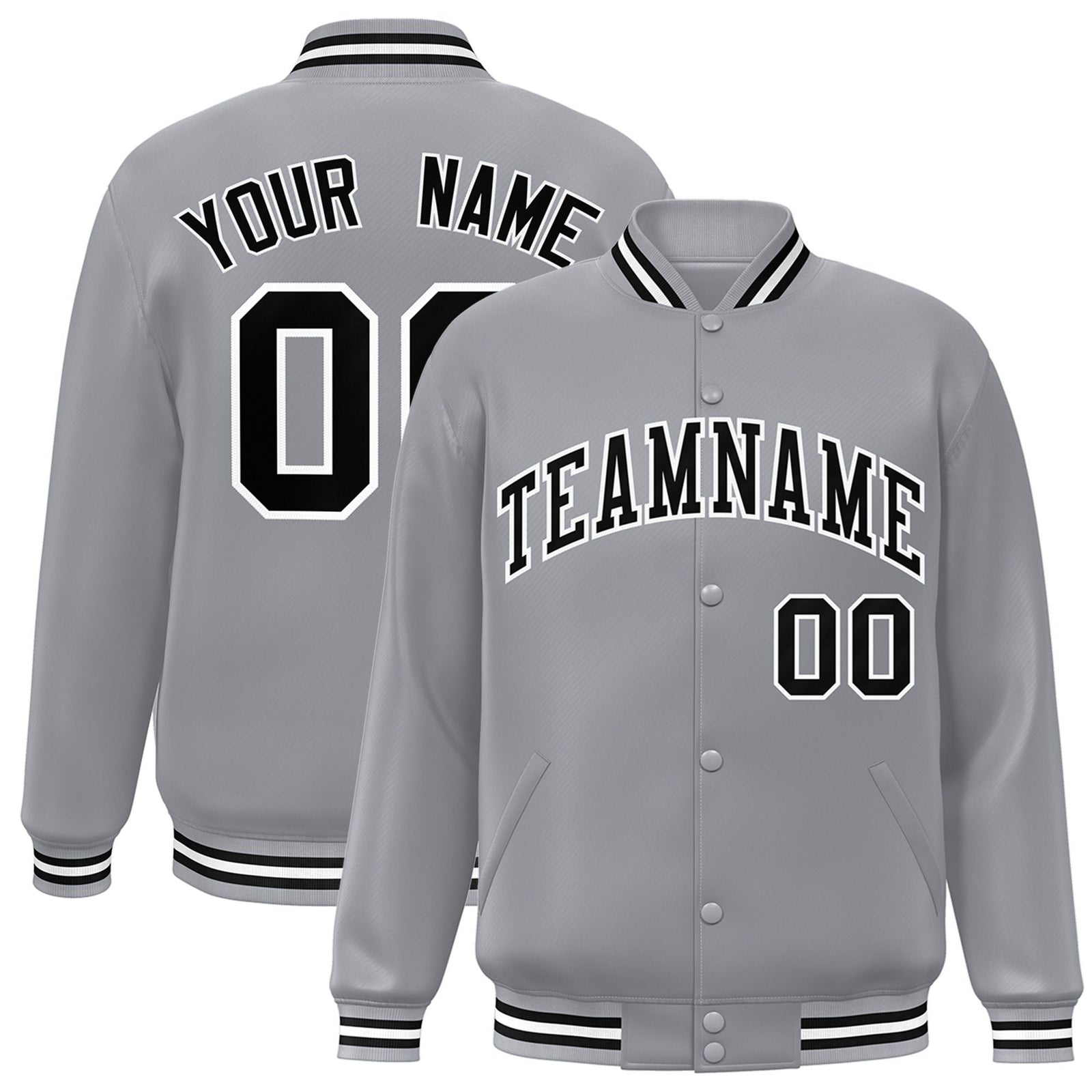 Custom Gray Black-White Bomber Full-Snap Varsity Letterman Jacket