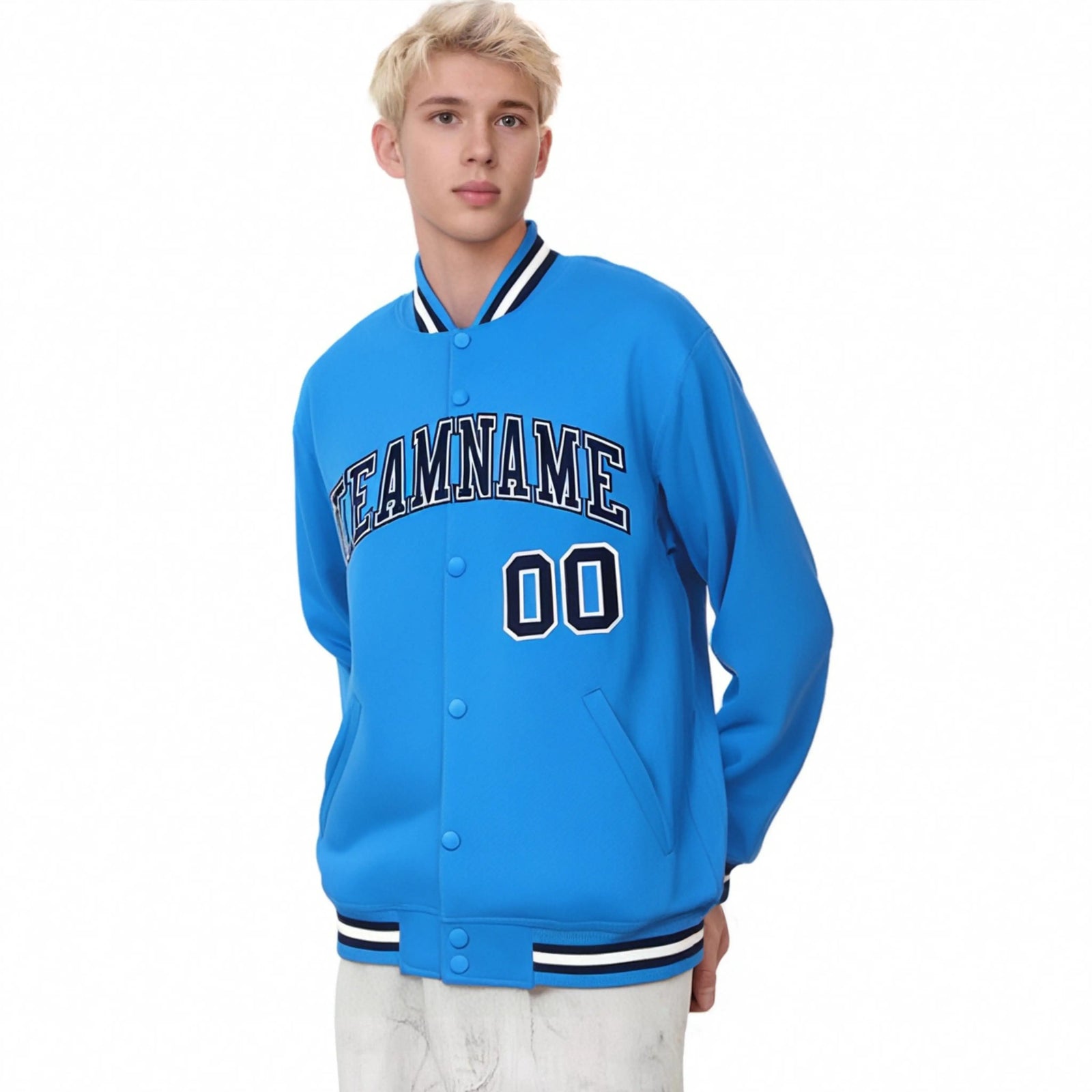 Custom Light Blue Navy-White Bomber Full-Snap Varsity Letterman Jacket