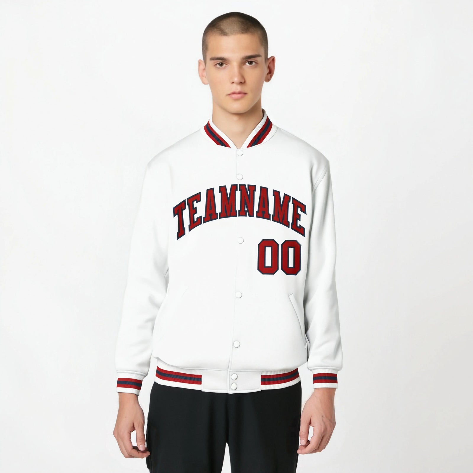 Custom White Red-Black Bomber Full-Snap Varsity Letterman Jacket