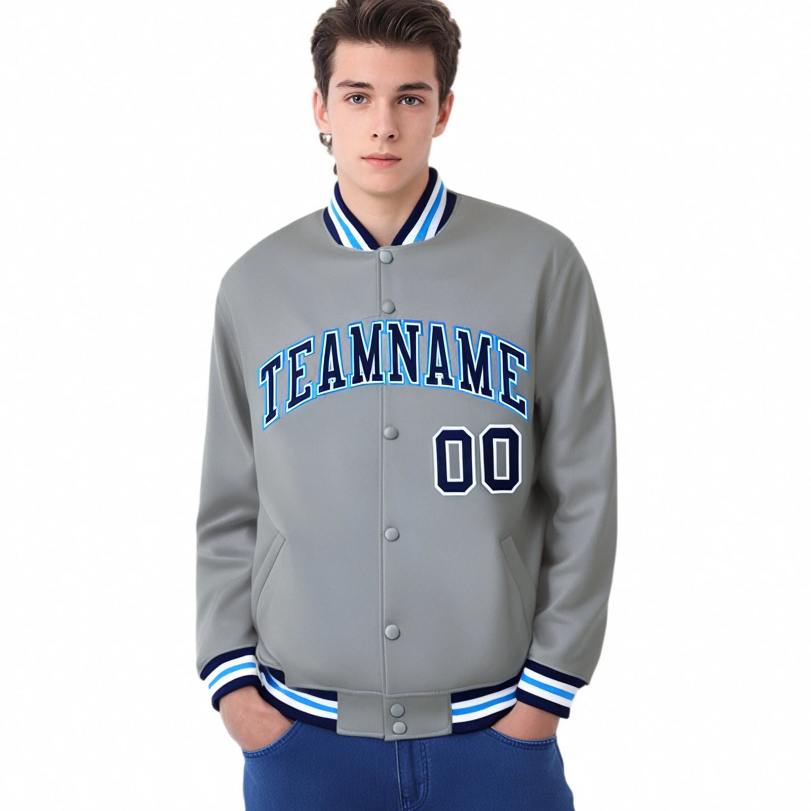 Custom Gray Navy-White Bomber Full-Snap Varsity Letterman Jacket