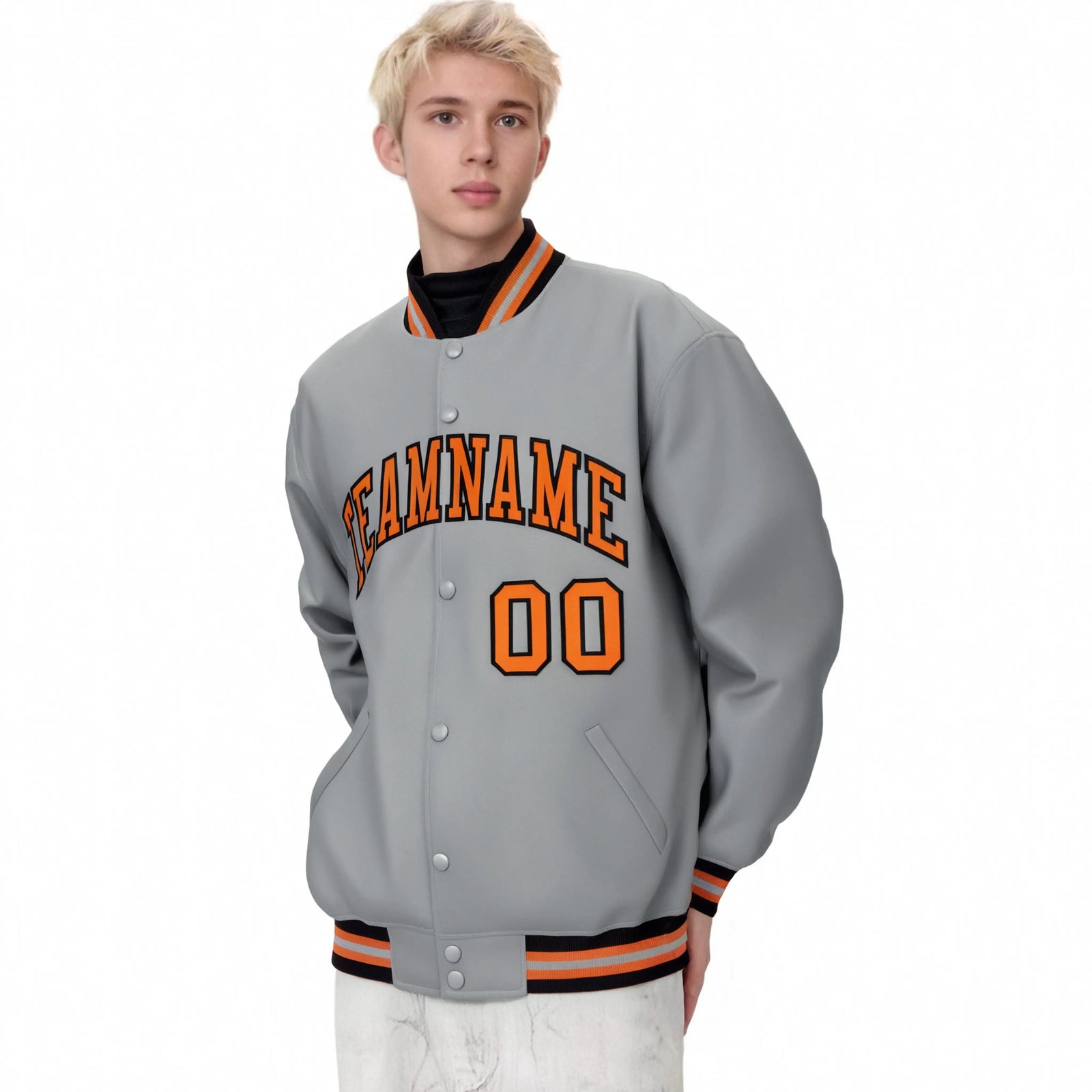 Custom Gray Orange-Black Bomber Full-Snap Varsity Letterman Jacket